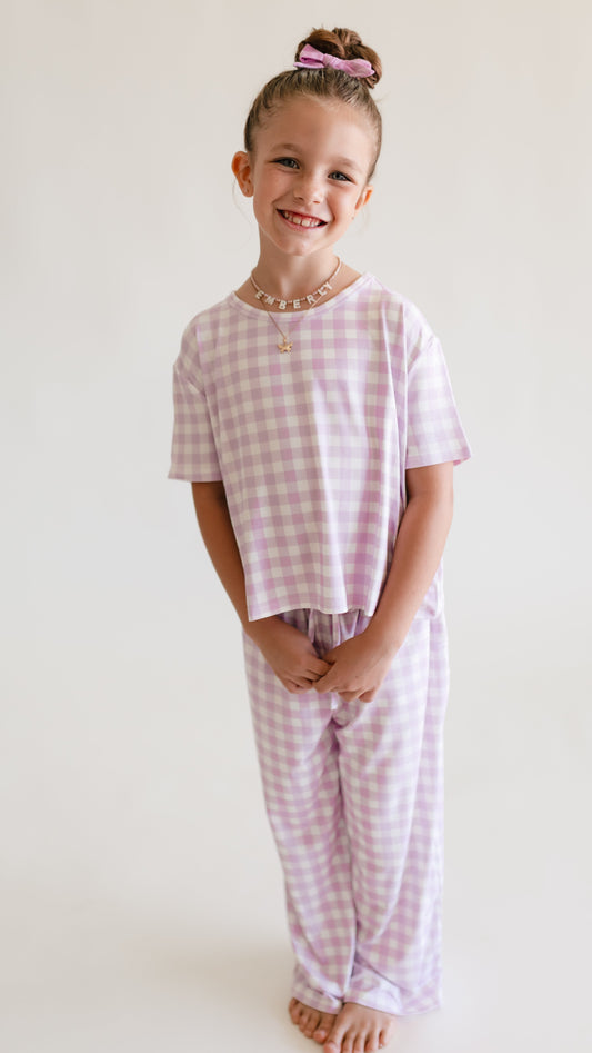 Girl's T-Shirt and Pants Set in Purple Gingham