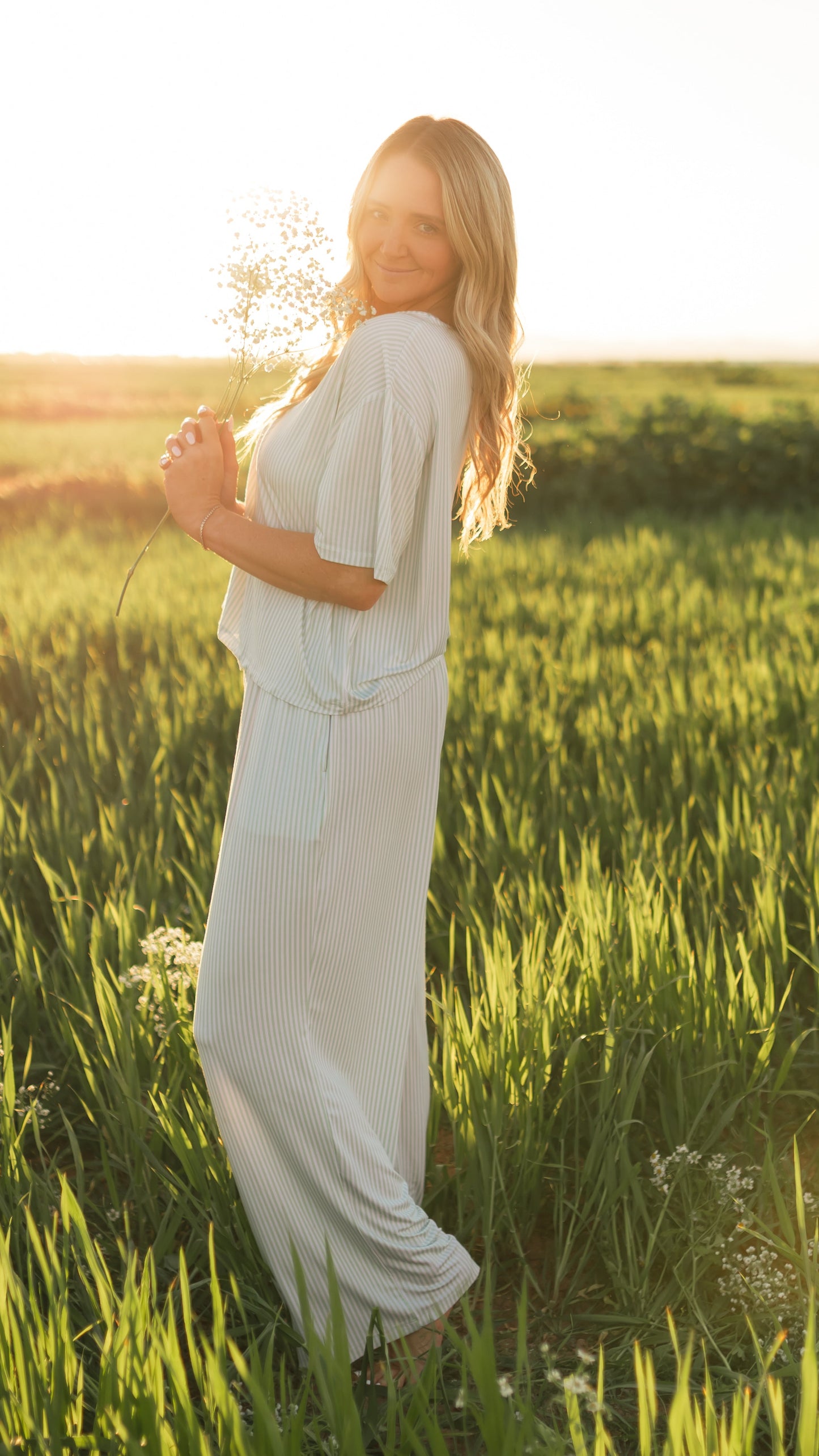Women's T-Shirt and Pants Set in Meadow Bloom Pin Stripe