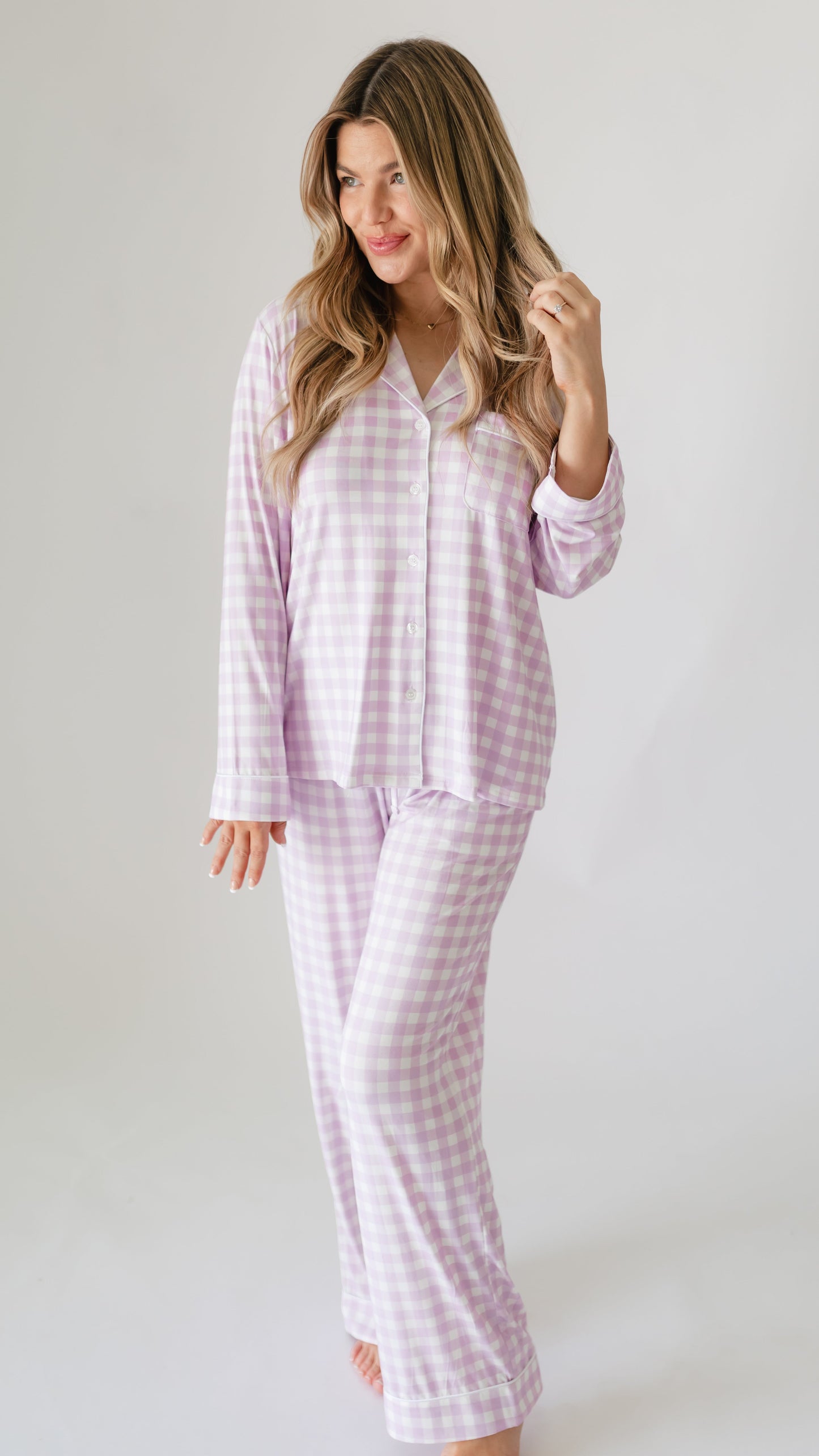 Women's Button Up Set In Purple Gingham