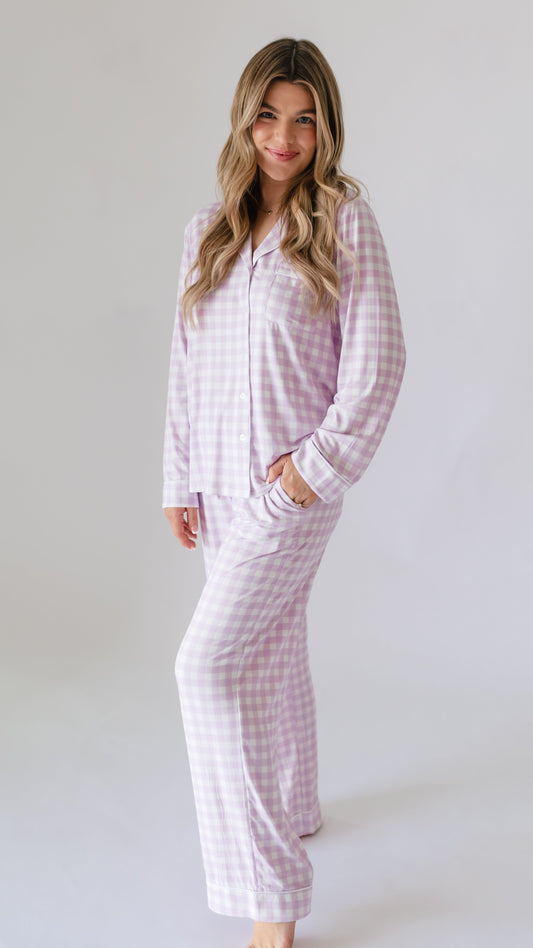 Women's Button Up Set In Purple Gingham