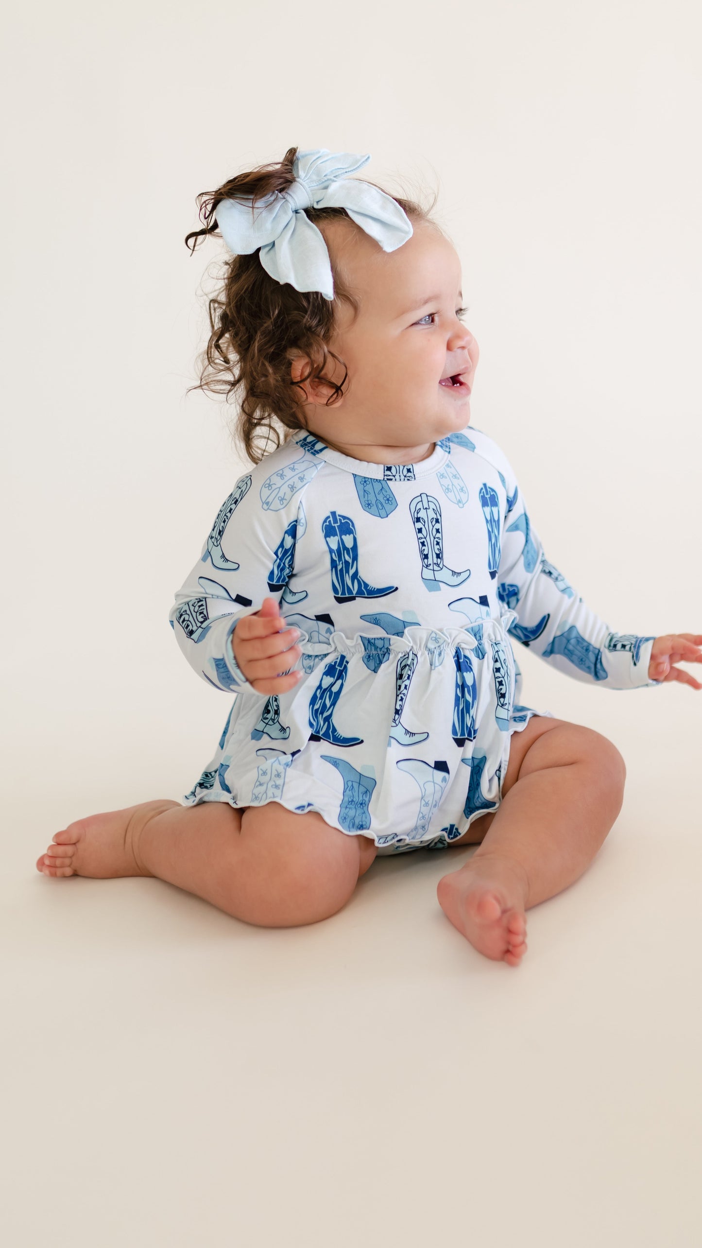 Infant Long Sleeve and Skirt Onesie in Blue Western Boots