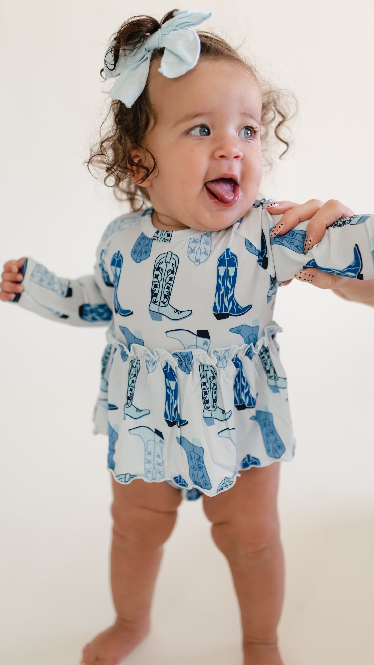 Infant Long Sleeve and Skirt Onesie in Blue Western Boots
