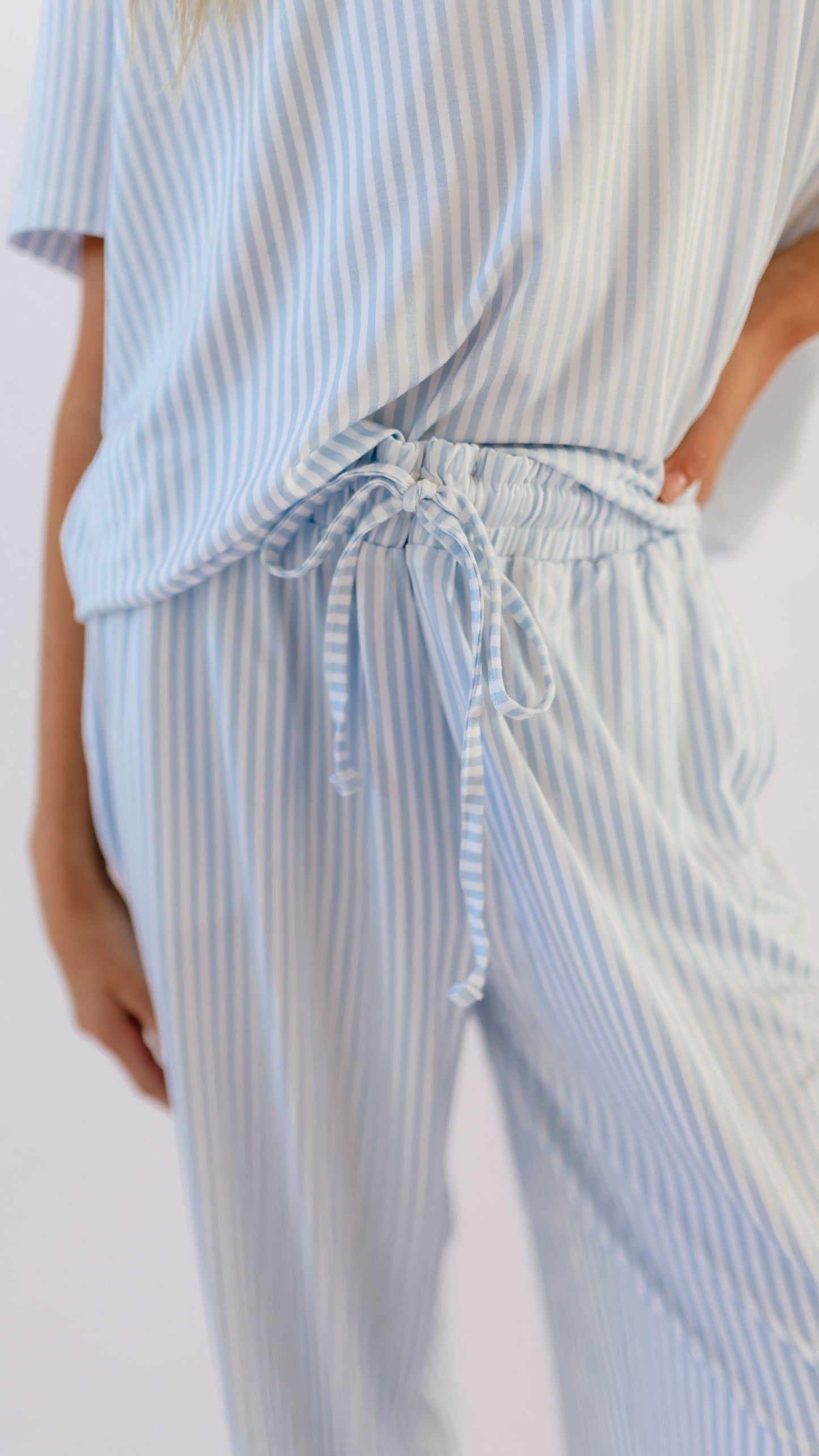 Girl's T-Shirt and Pants Set in Blue Pin Stripes