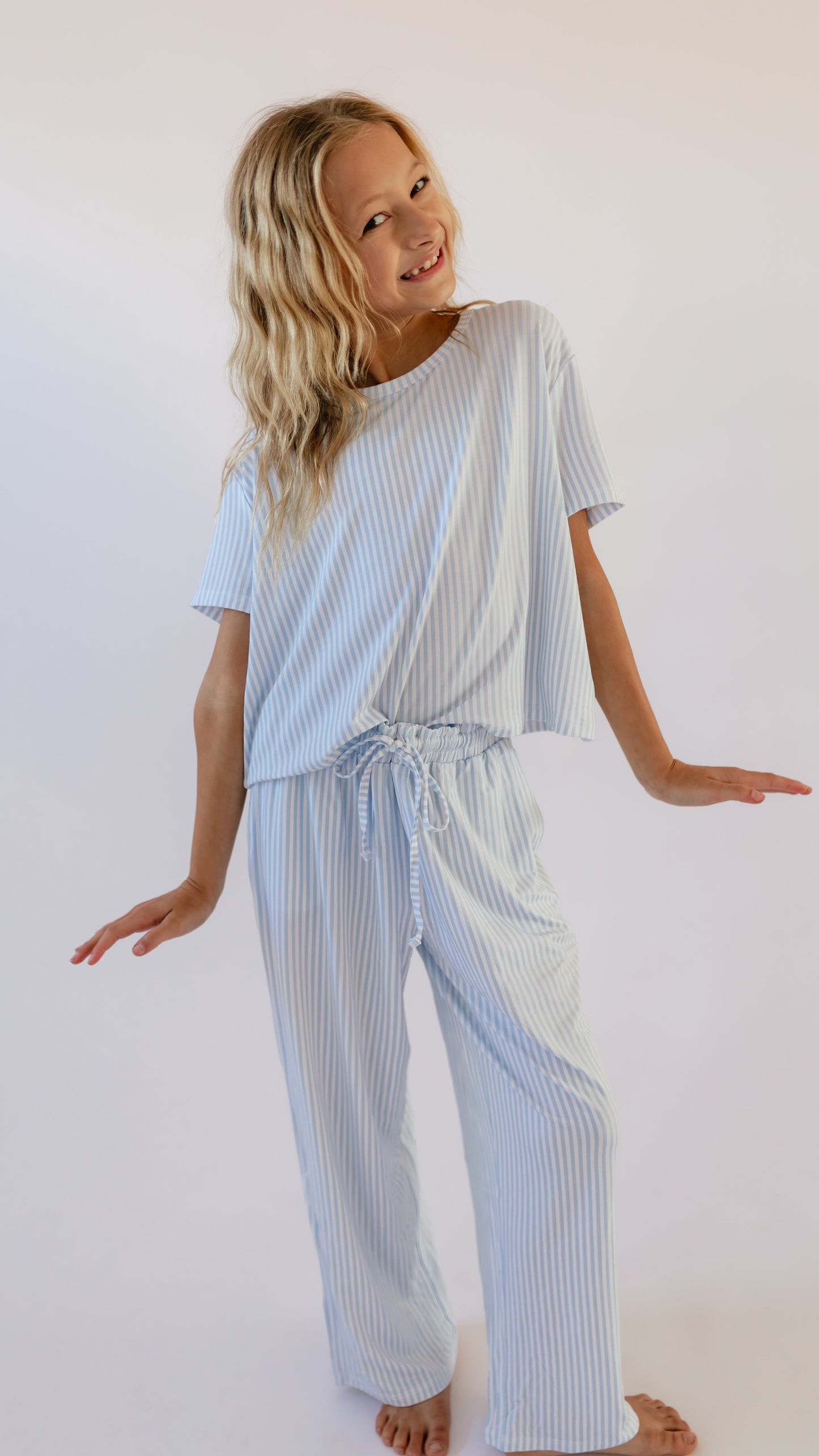 Girl's T-Shirt and Pants Set in Blue Pin Stripes