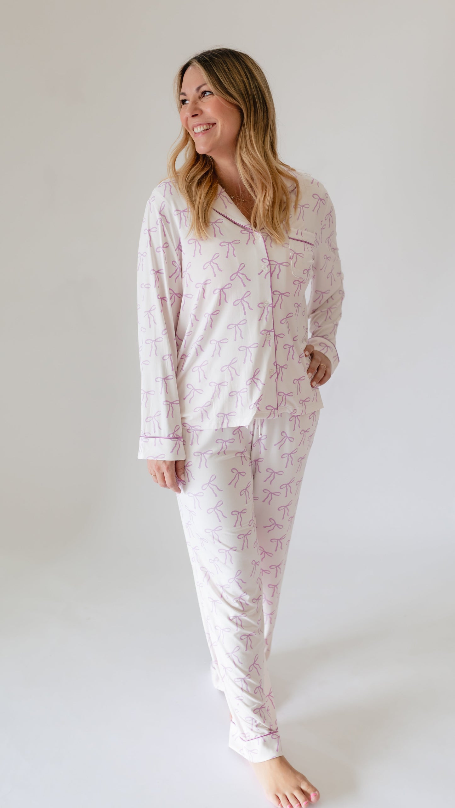 Women's Button Up Set In Purple Bows