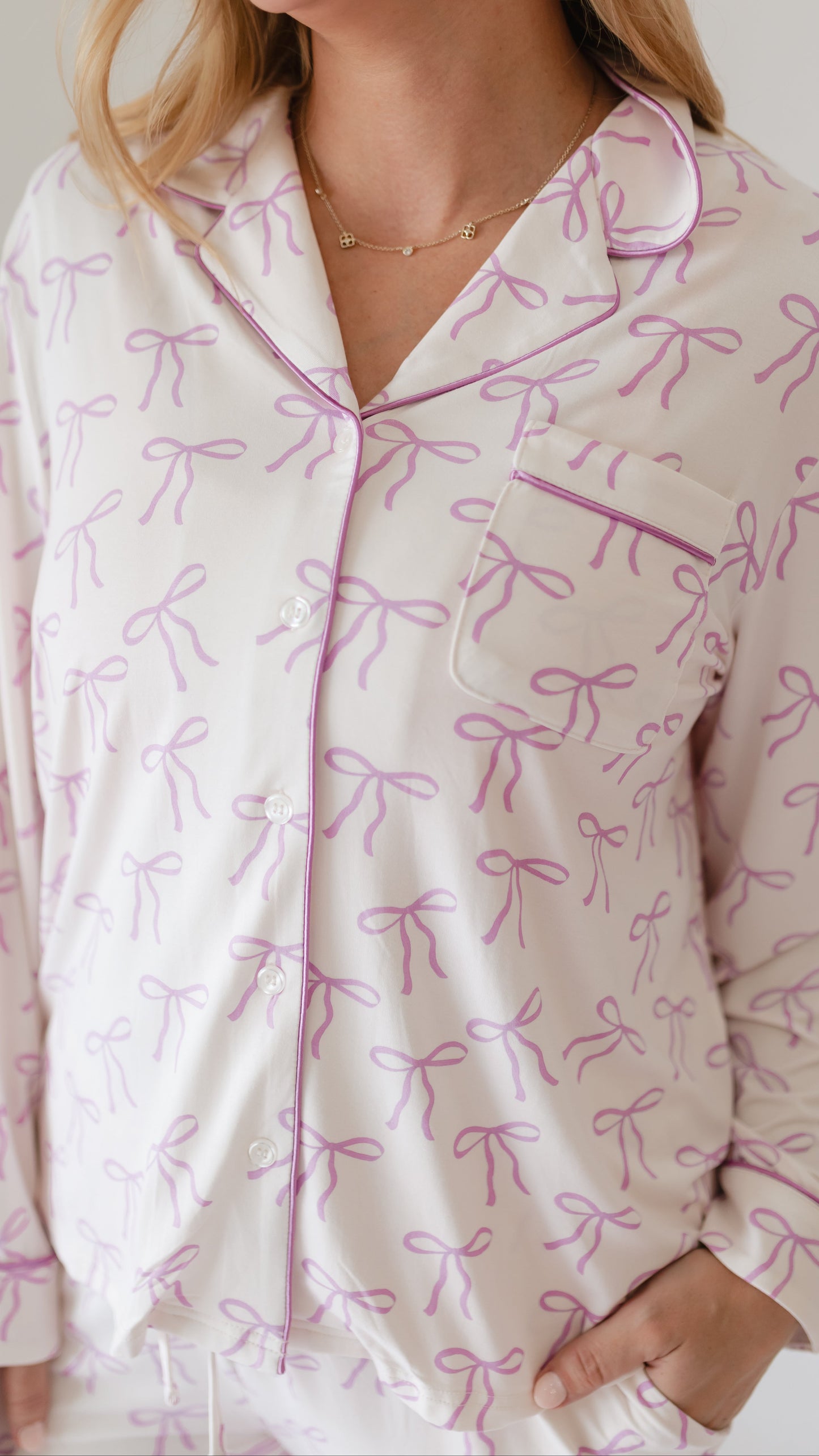 Women's Button Up Set In Purple Bows