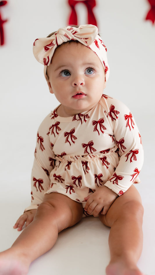 Infant Long Sleeve and Skirt Onesie in Christmas Bows