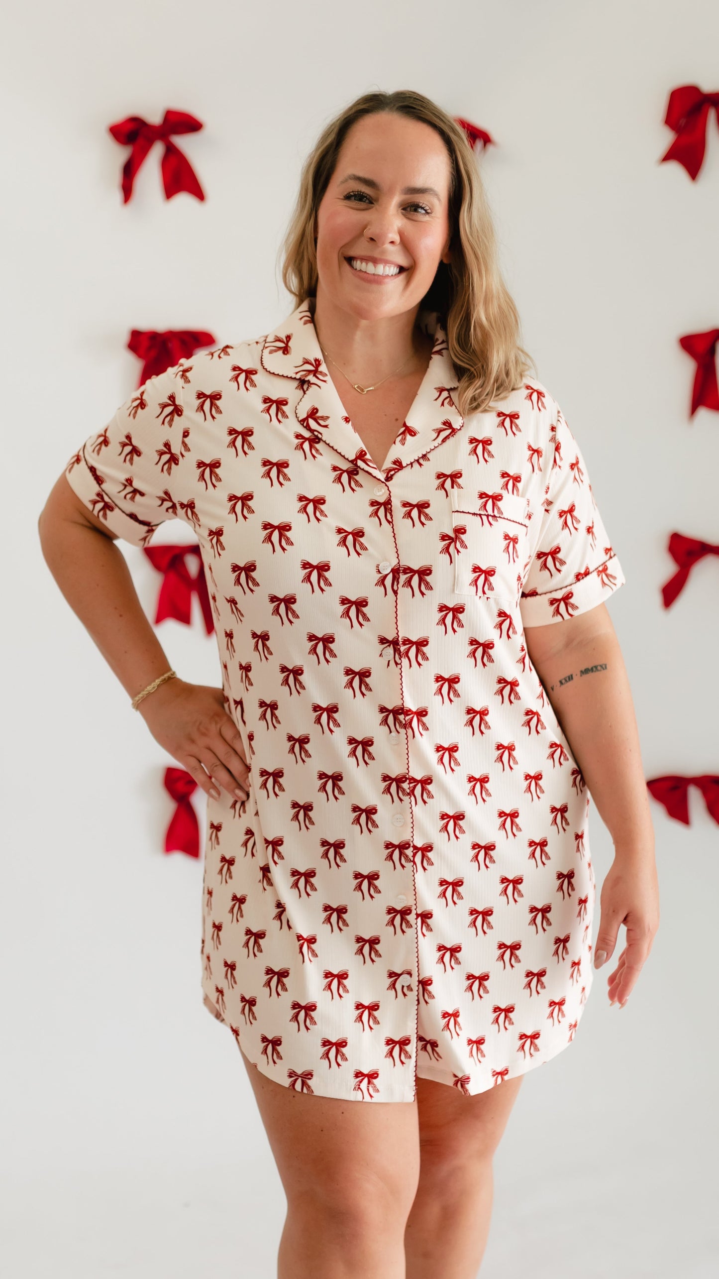 Women's Ribbed Button Down Dress In Classic Bows