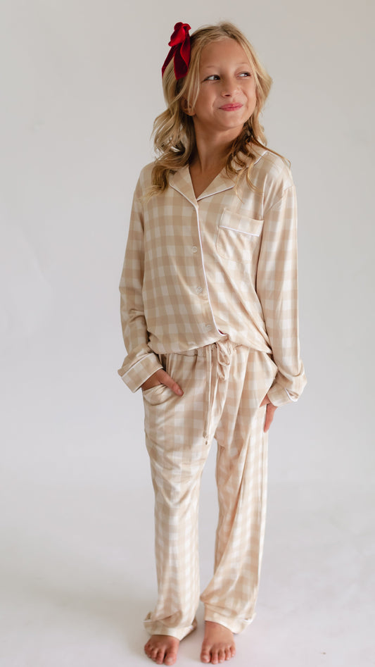 Girl's Button Up Set in Neutral Gingham