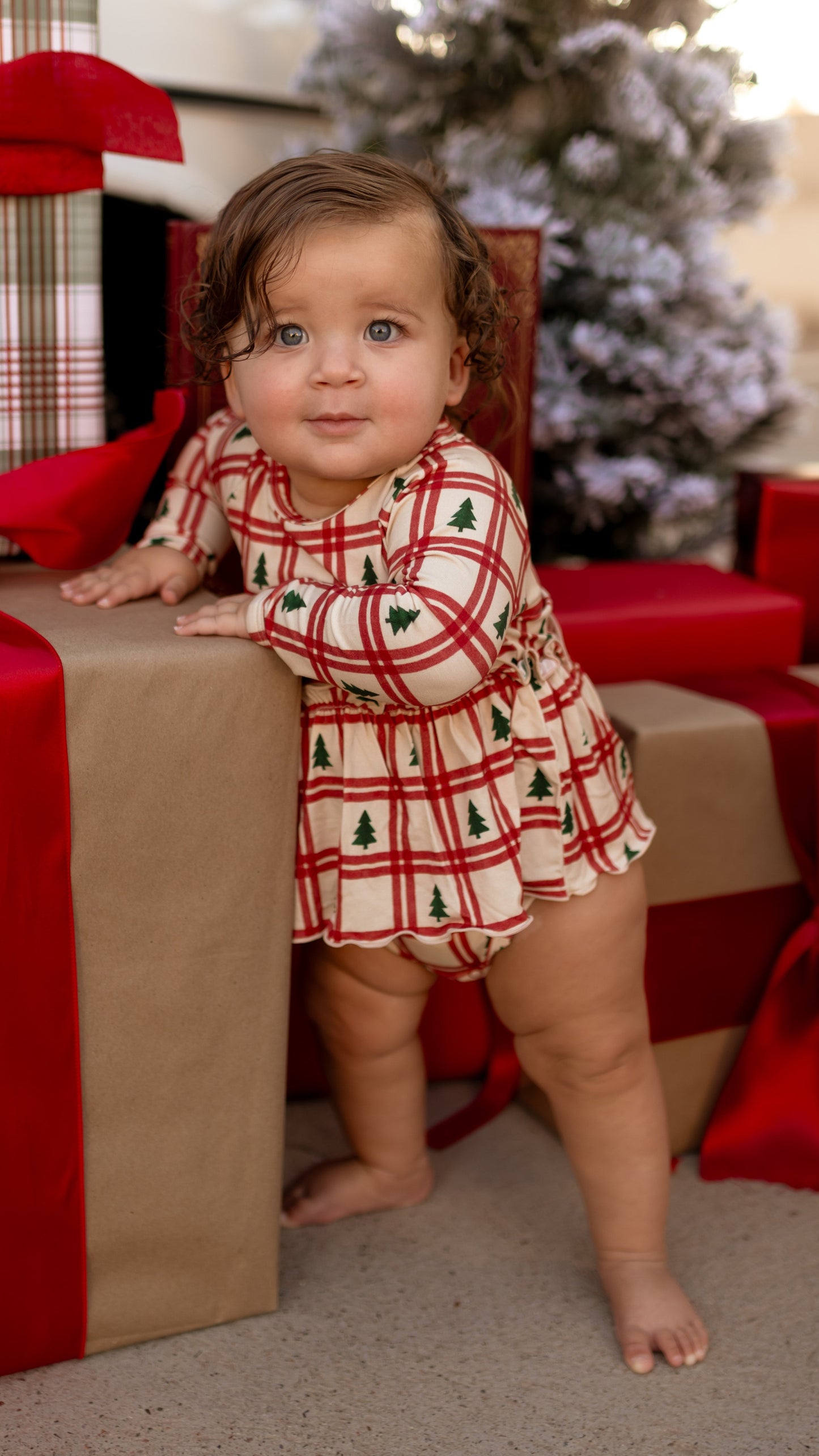Infant Long Sleeve and Skirt Onesie in Christmas Plaid