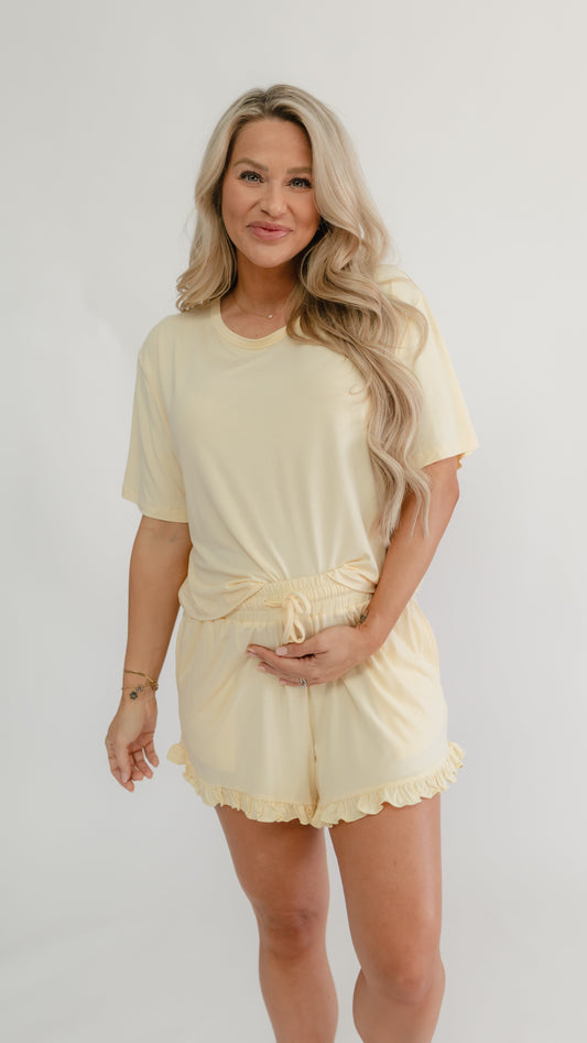 Womens Ruffle Short Set in Butter Yellow