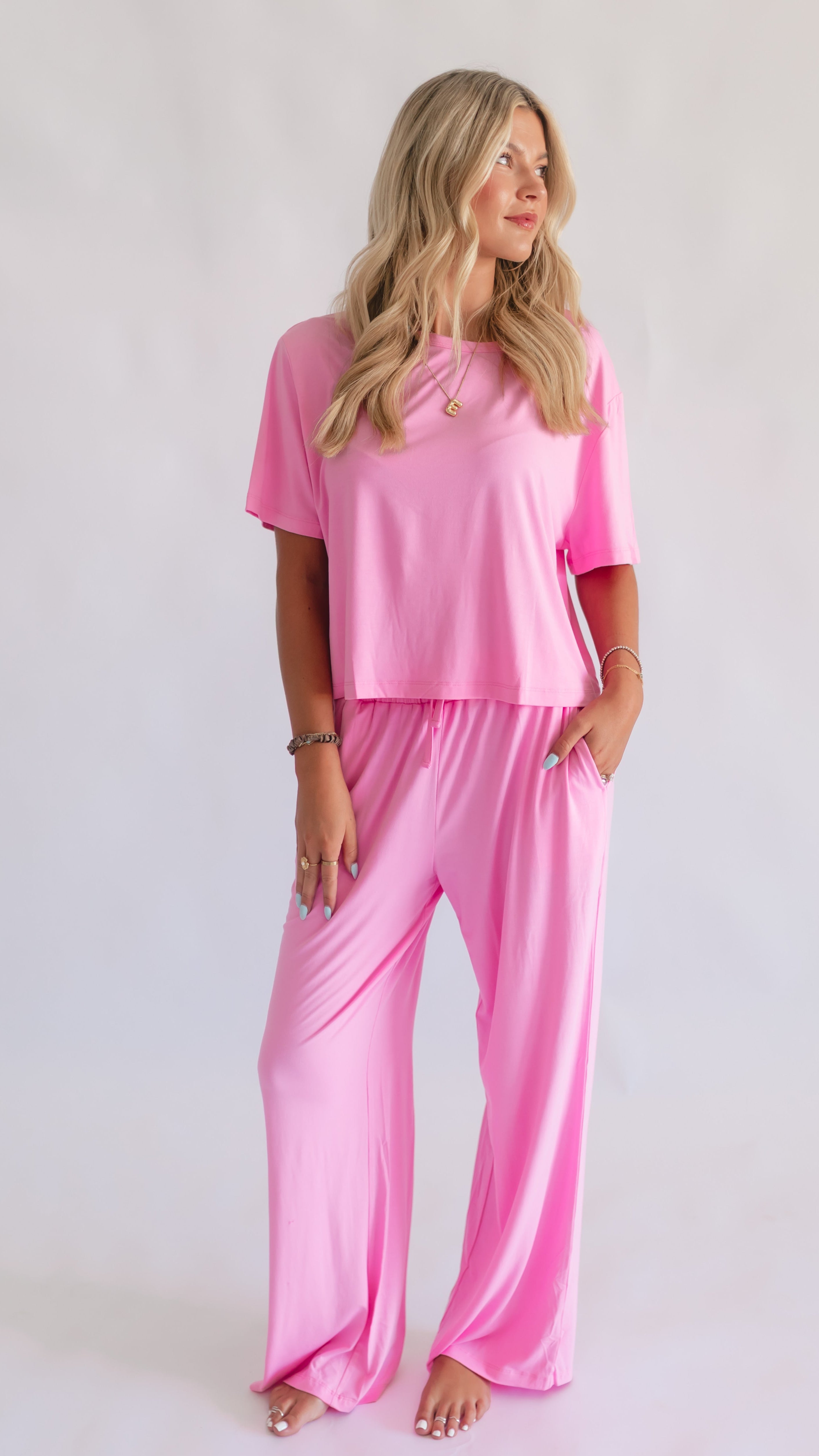 Women's T-Shirt and Pants Set in Pretty Pink Silks Women's T-Shirt and Pants Set in Pretty Pink Silks