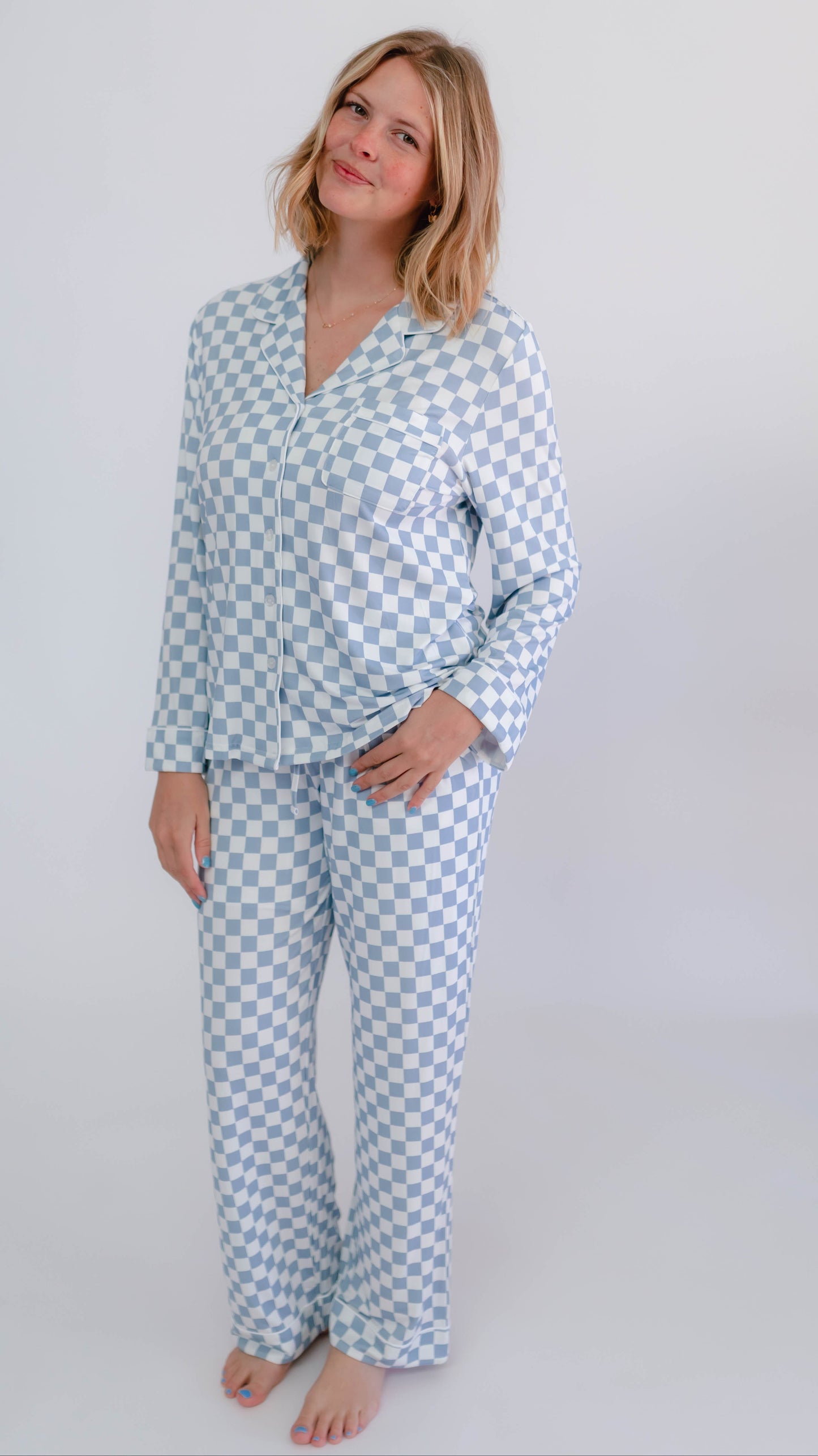 Women's Button Up Set In Cornflower Blue Checkered