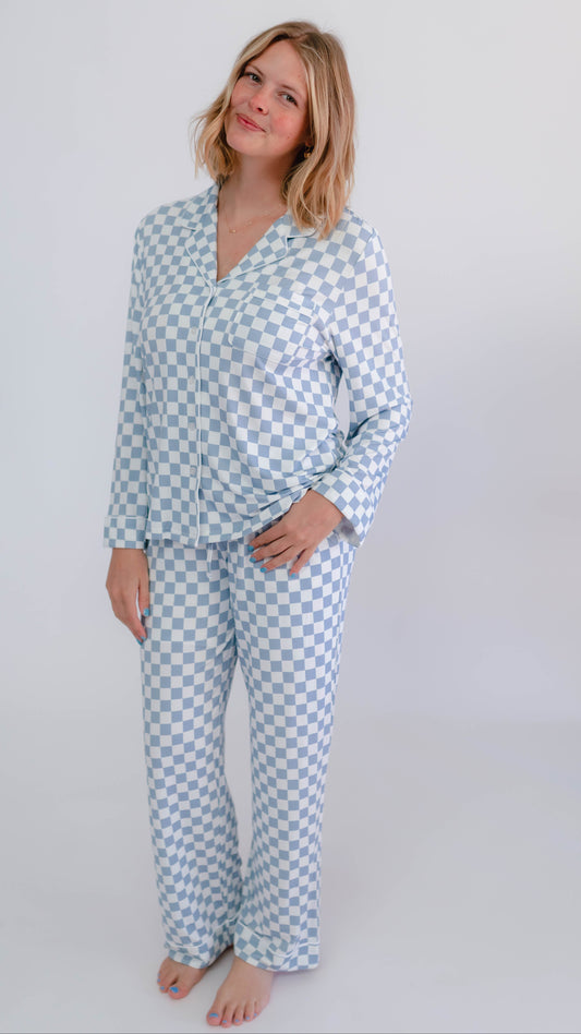 Women's Button Up Set In Cornflower Blue Checkered