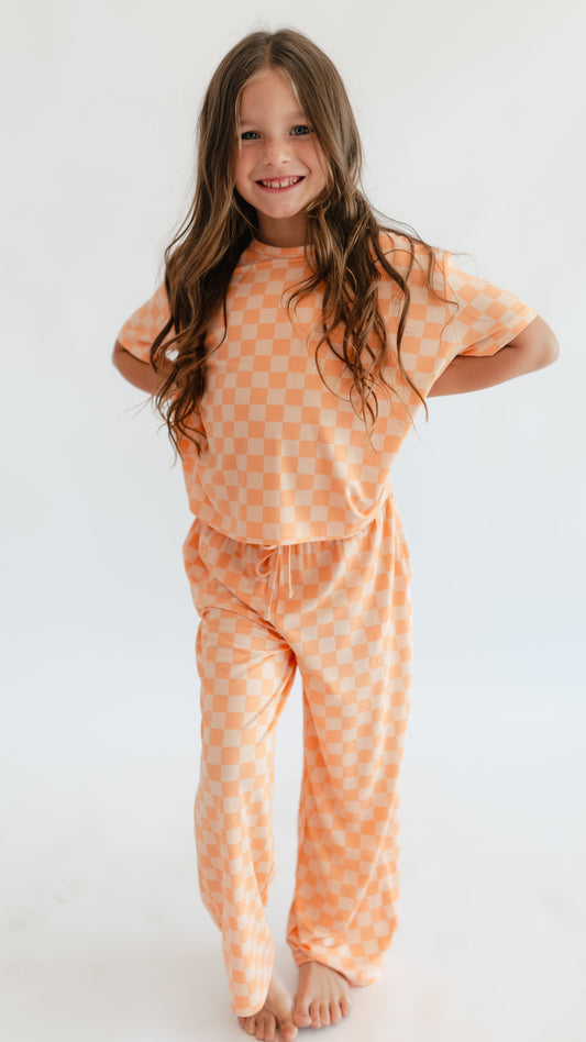 Girls T-shirt Set in Orange Checkered