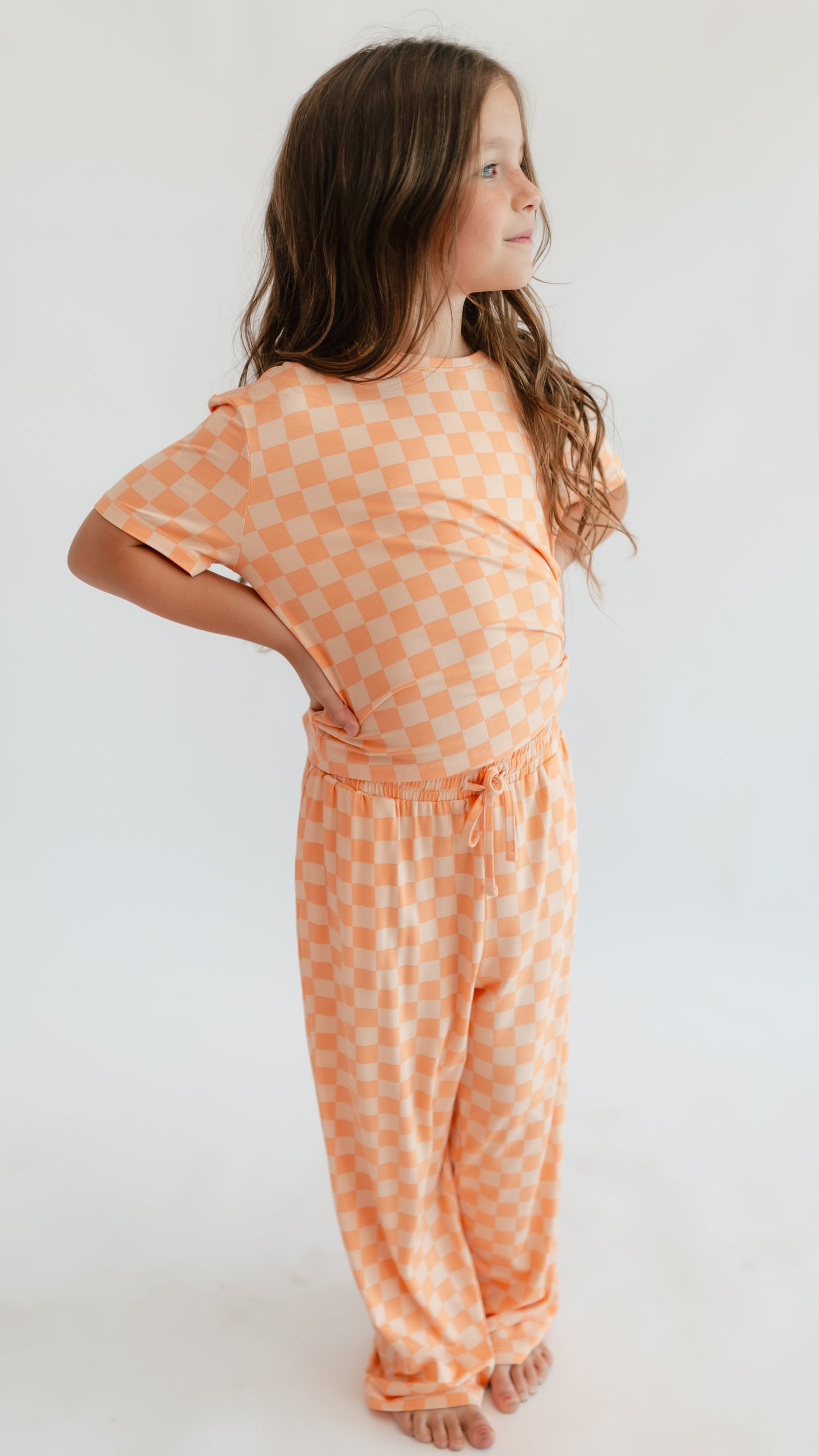 Girls T-shirt Set in Orange Checkered