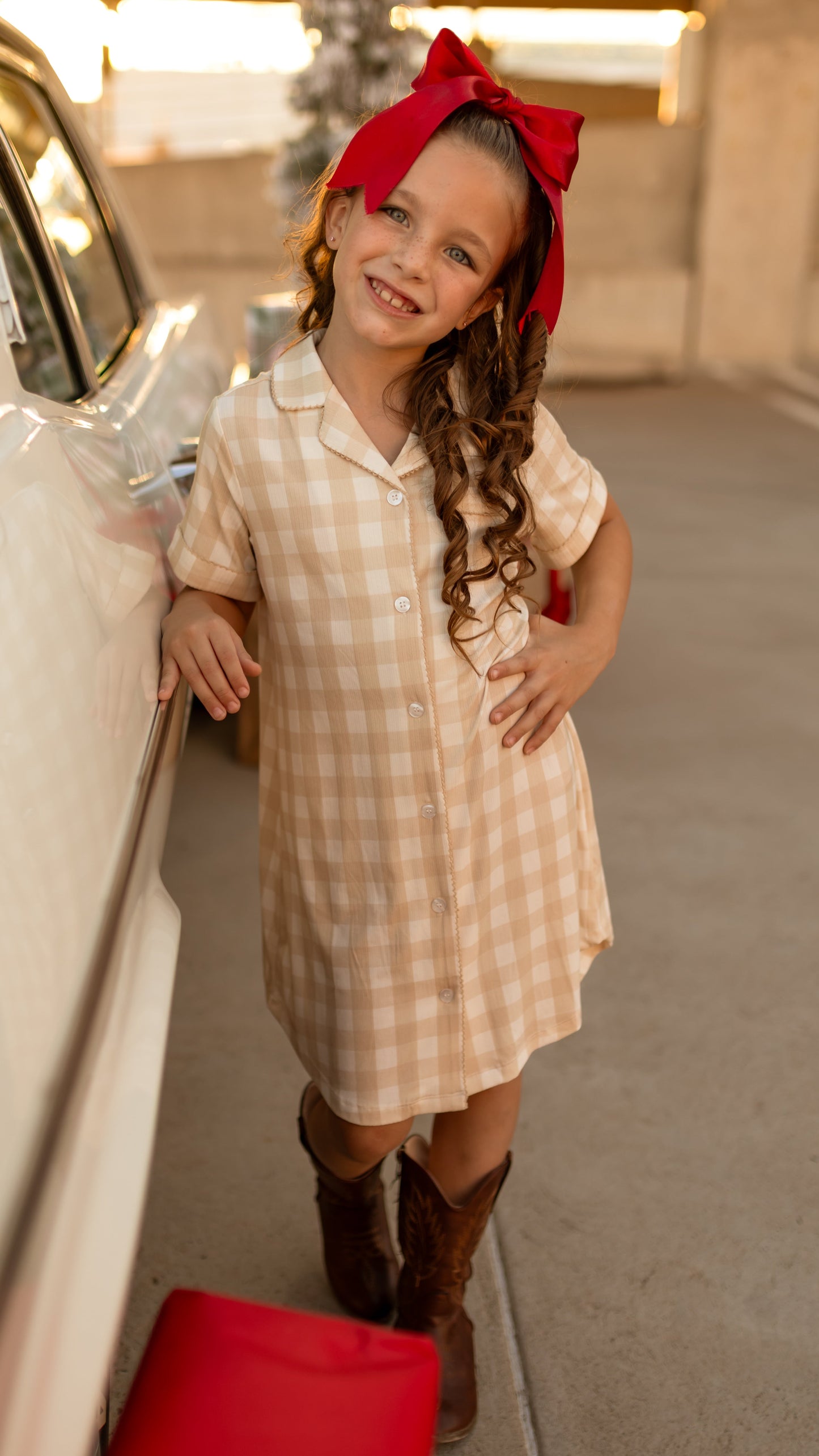 Girl's Button Down Ribbed Dress in Neutral Gingham