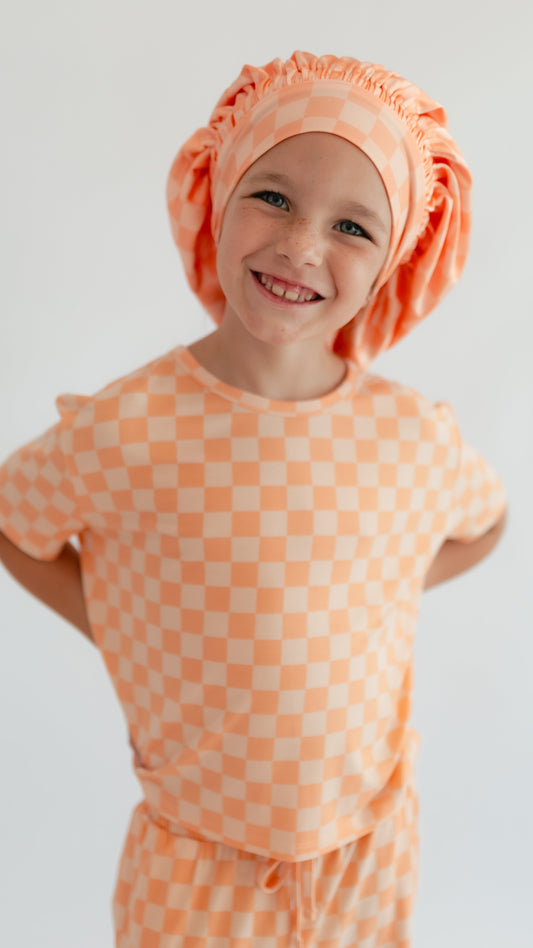 Kids Satin Bonnet in Orange Checkered