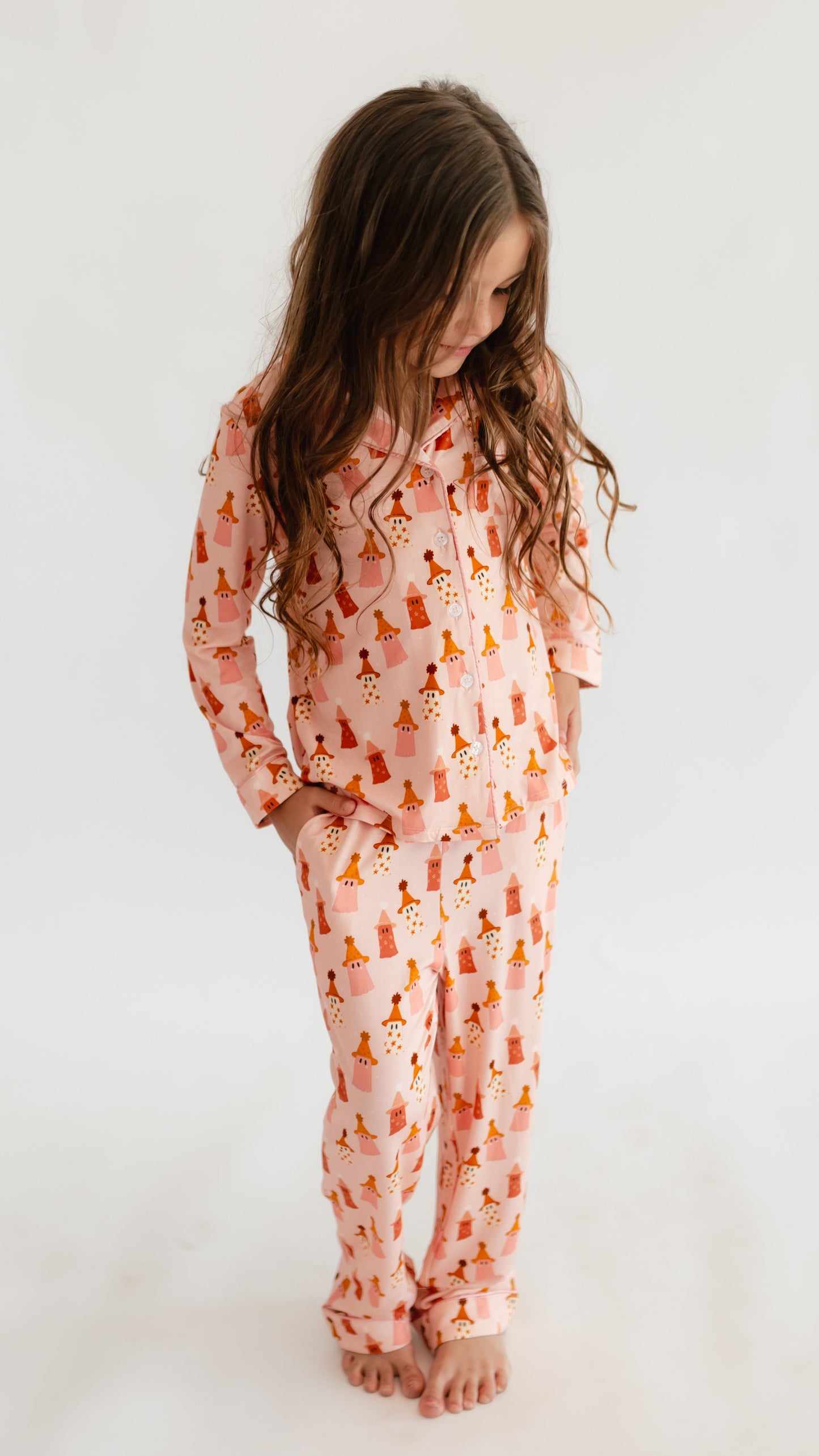 Girl's Button Up Set in Pink Ghosts