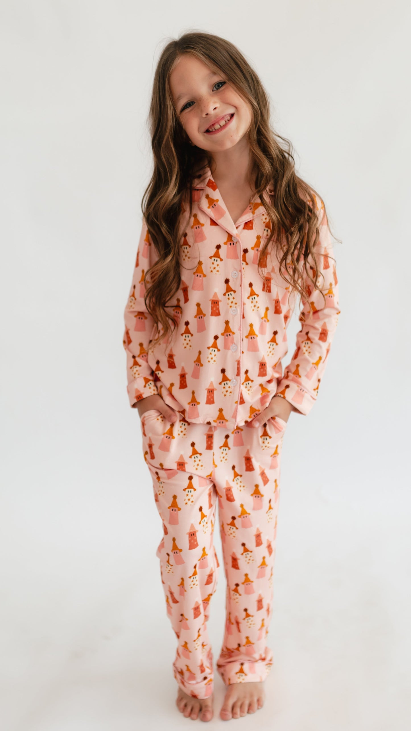 Girl's Button Up Set in Pink Ghosts