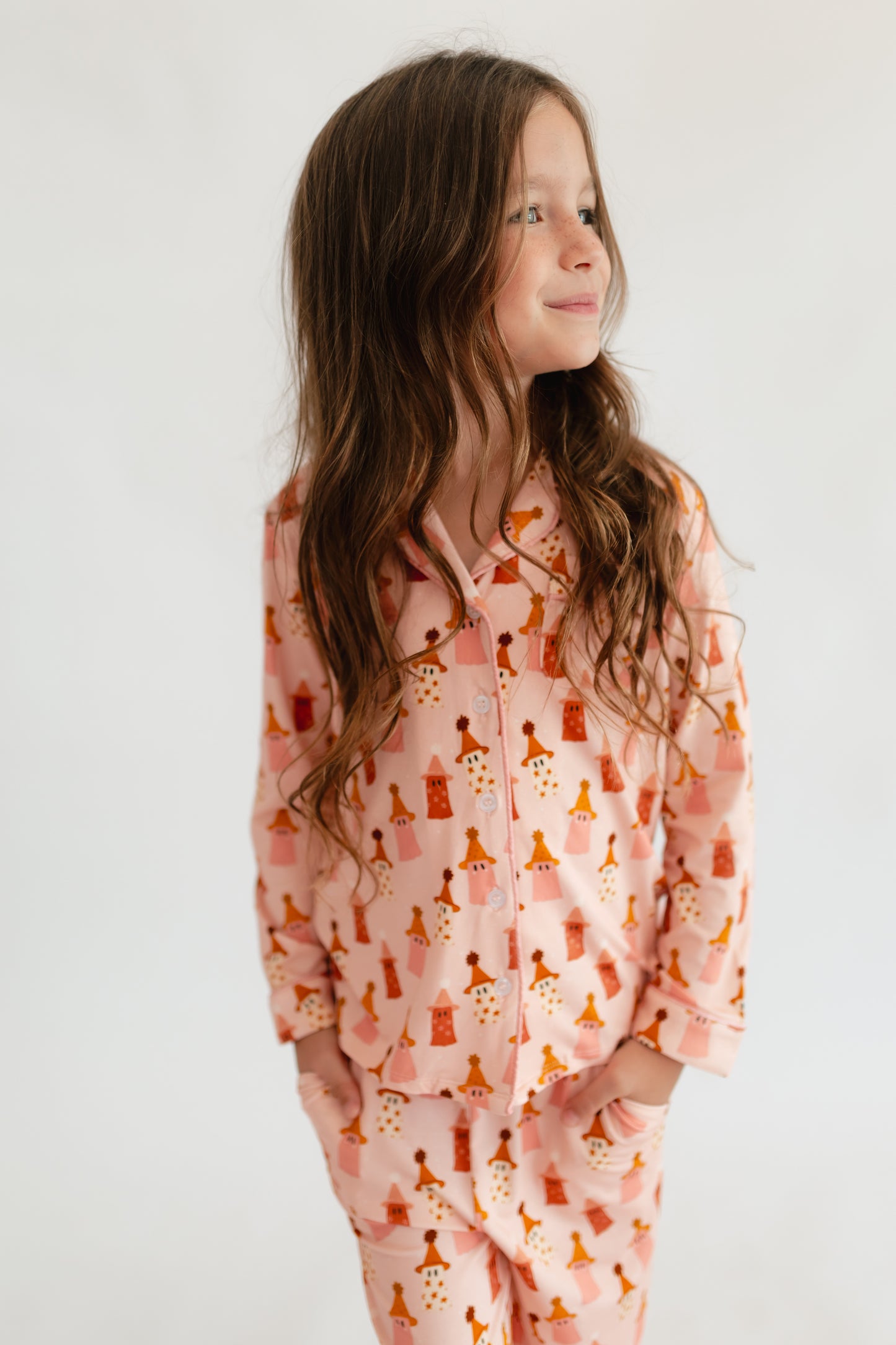 Girl's Button Up Set in Pink Ghosts