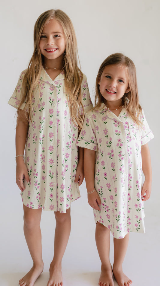 Girl's Button Down Ribbed Dress in Purple Floral