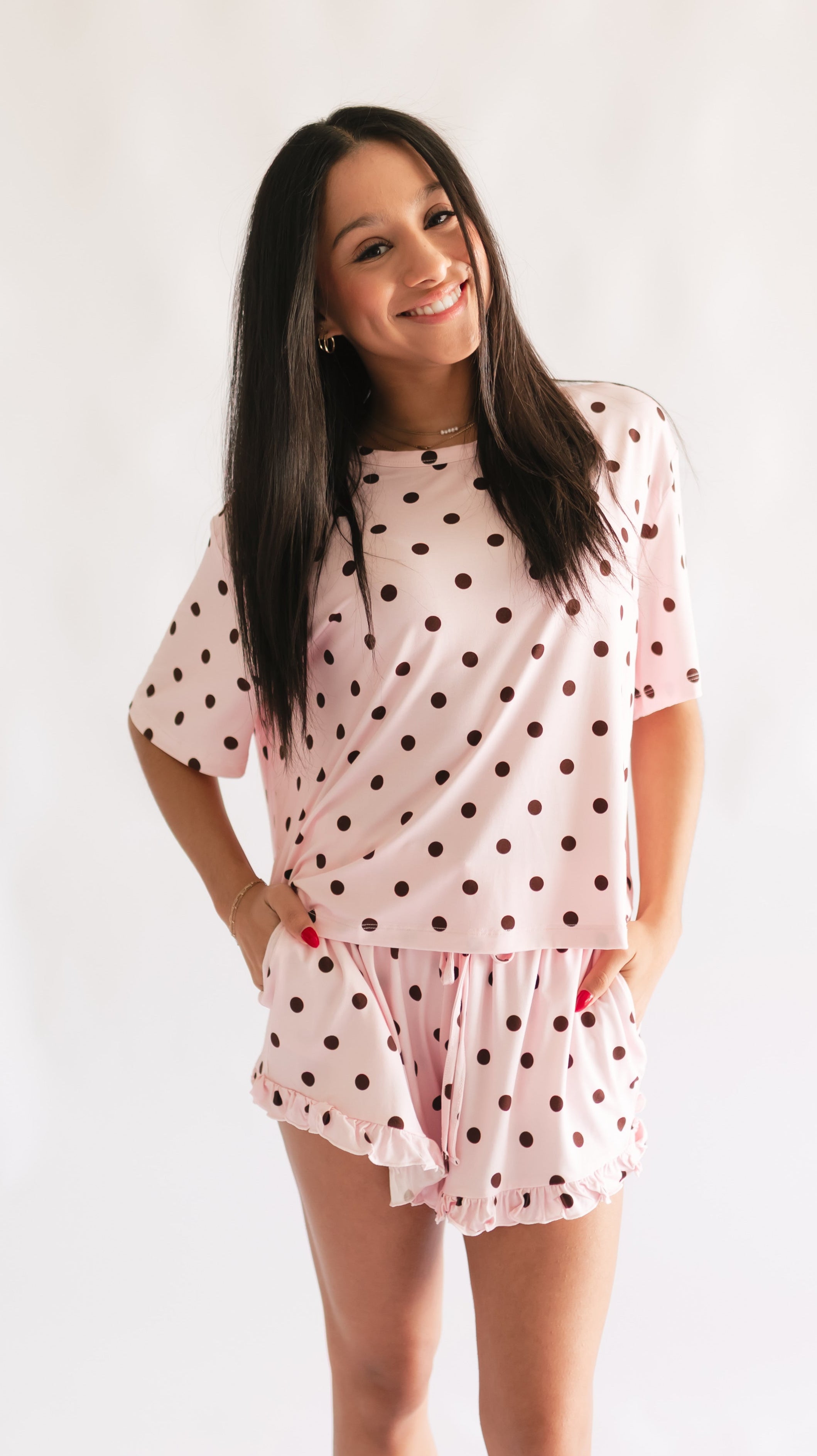 Women's Ruffle Short Set in Pink & Brown Polka Dot Silks Women's Ruffle Short Set in Pink & Brown Polka Dot Silks