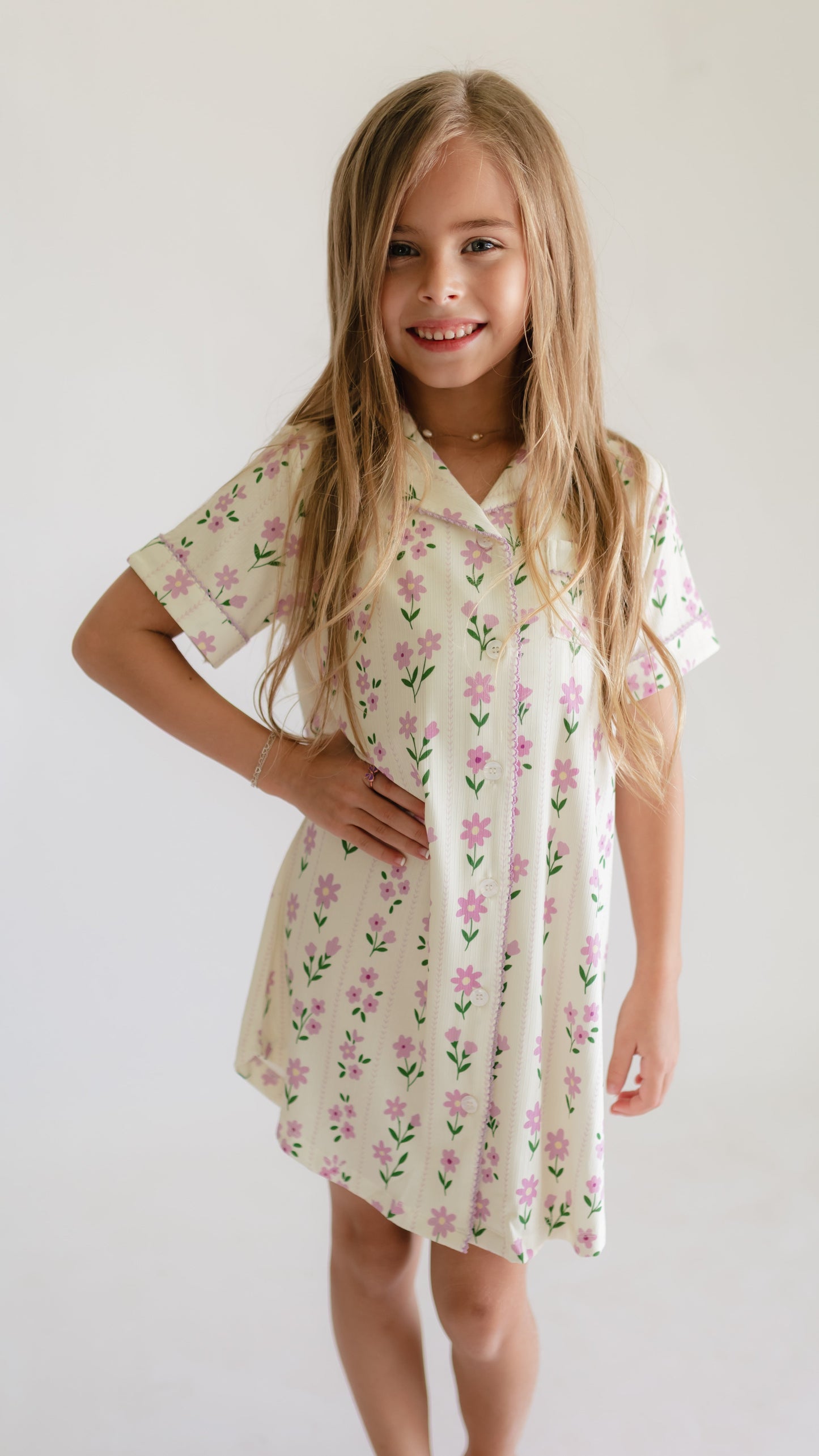 Girl's Button Down Ribbed Dress in Purple Floral