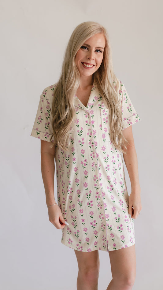 Women's Ribbed Button Down Dress In Purple Floral