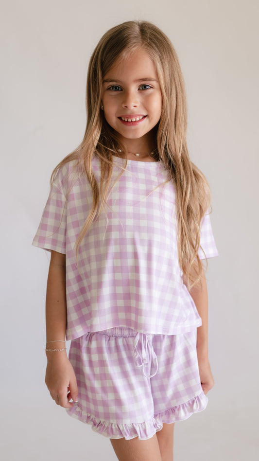 Girl's Ruffle Short Set in Purple Gingham