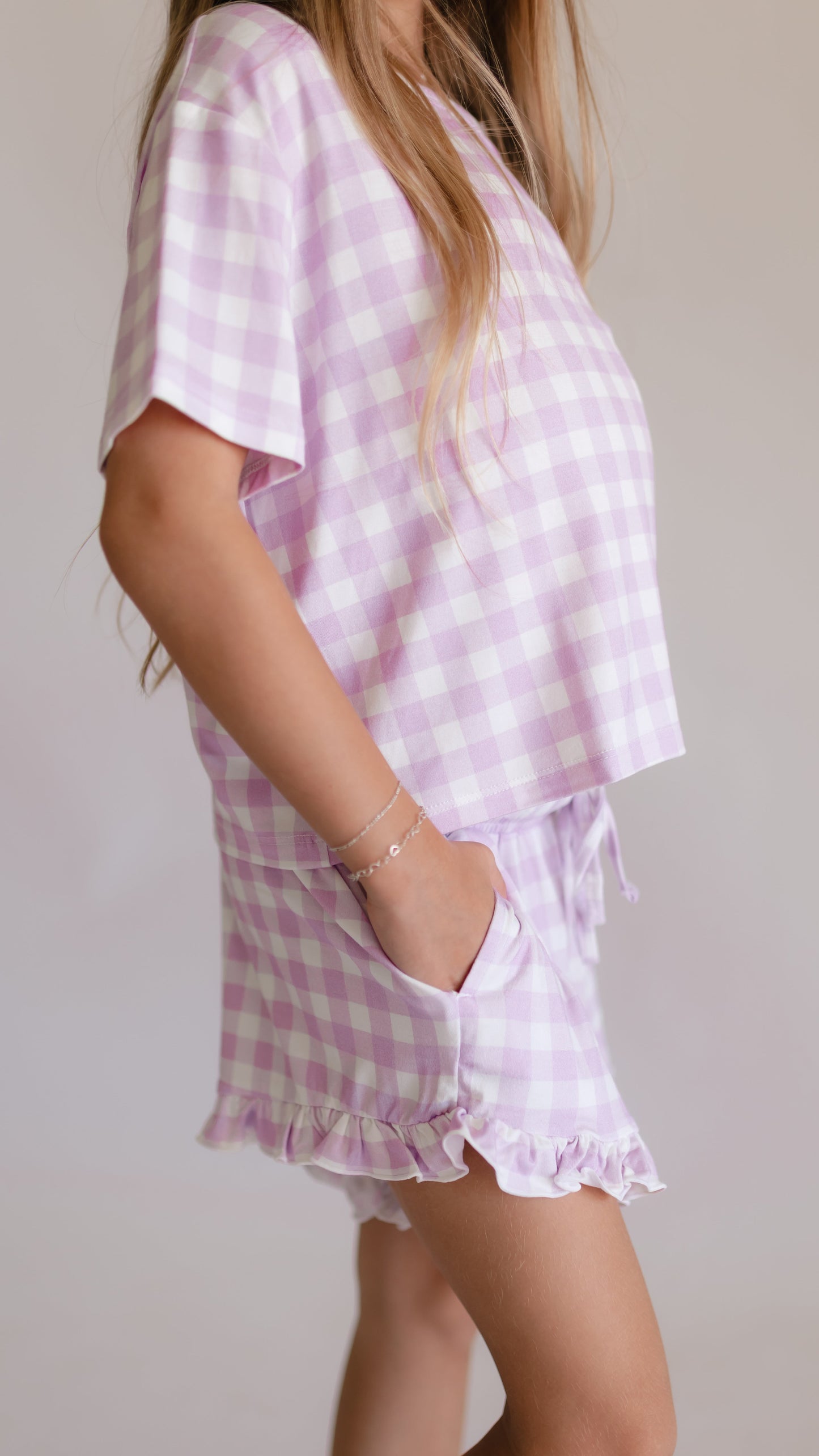 Girl's Ruffle Short Set in Purple Gingham