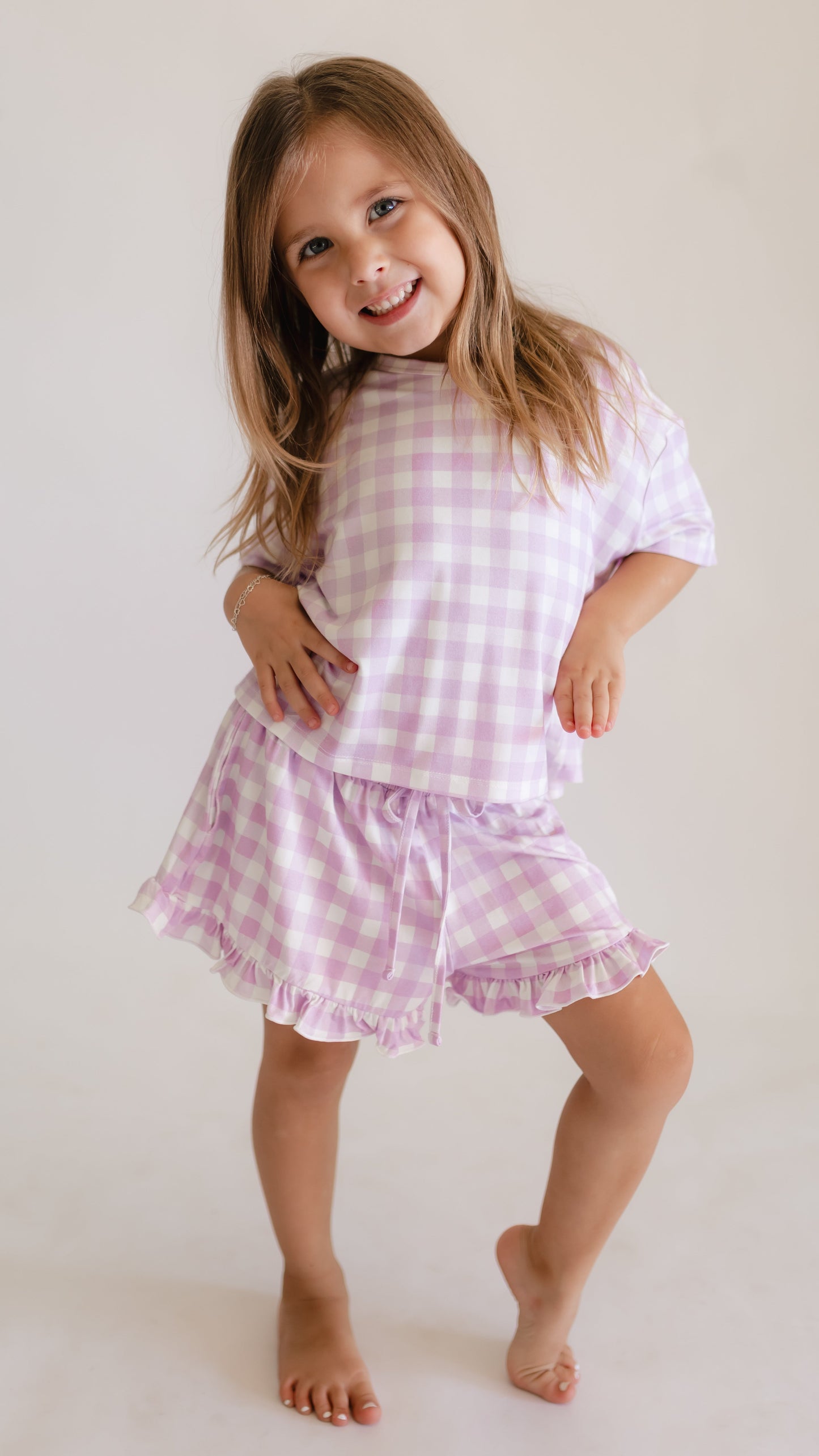 Girl's Ruffle Short Set in Purple Gingham