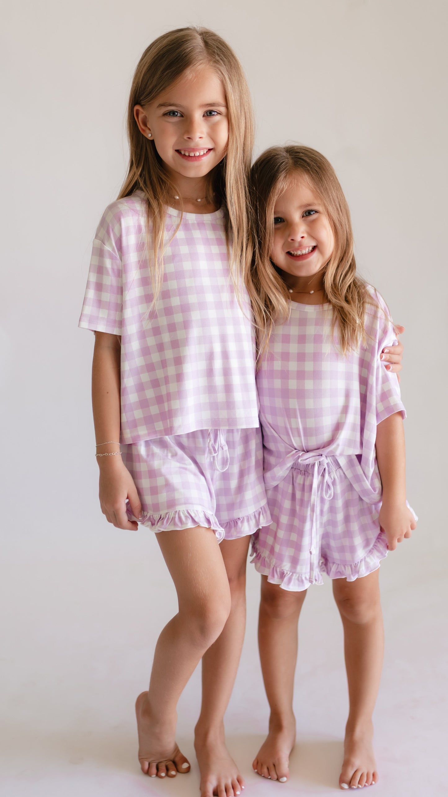 Girl's Ruffle Short Set in Purple Gingham
