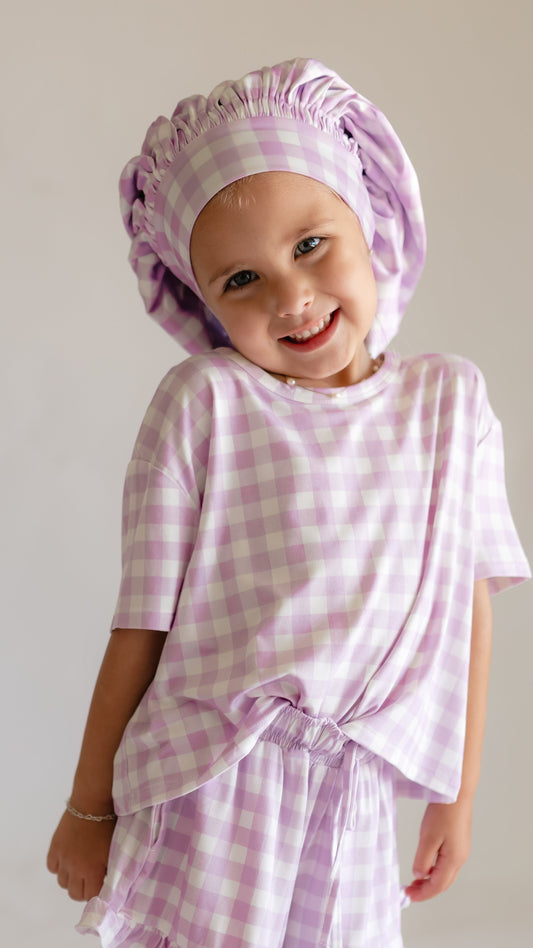 Kids Satin Bonnet in Purple Gingham
