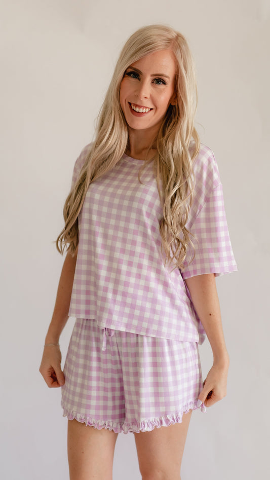 Women’s Ruffle Short Set in Purple Gingham