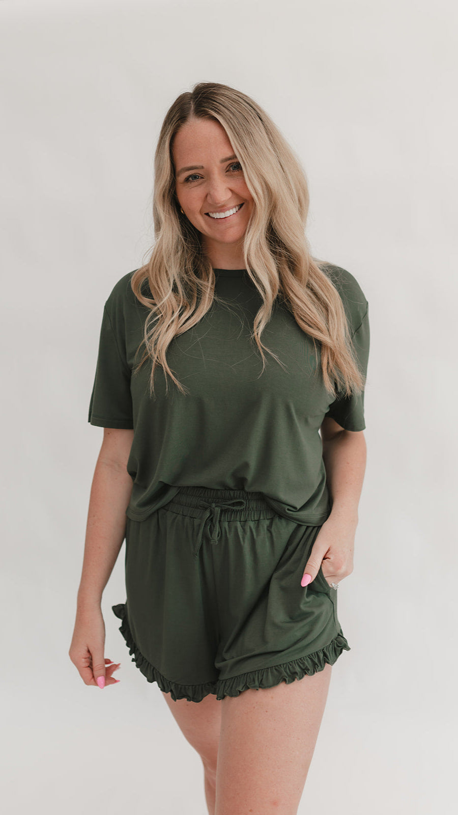 Women's Ruffle Short Set in Emerald Green – Silks