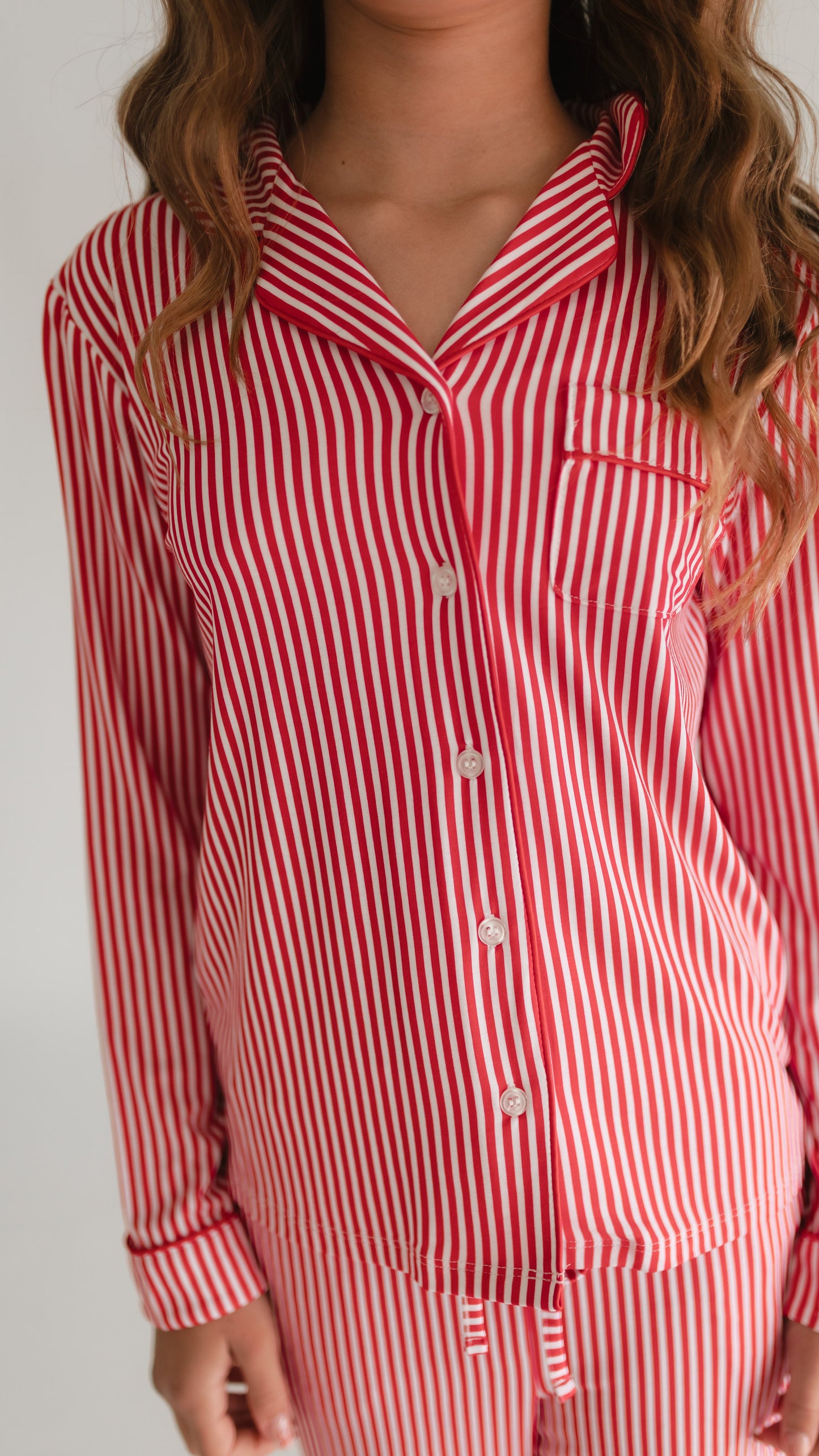 Girl's Button Up Set in Red Pin Stripes