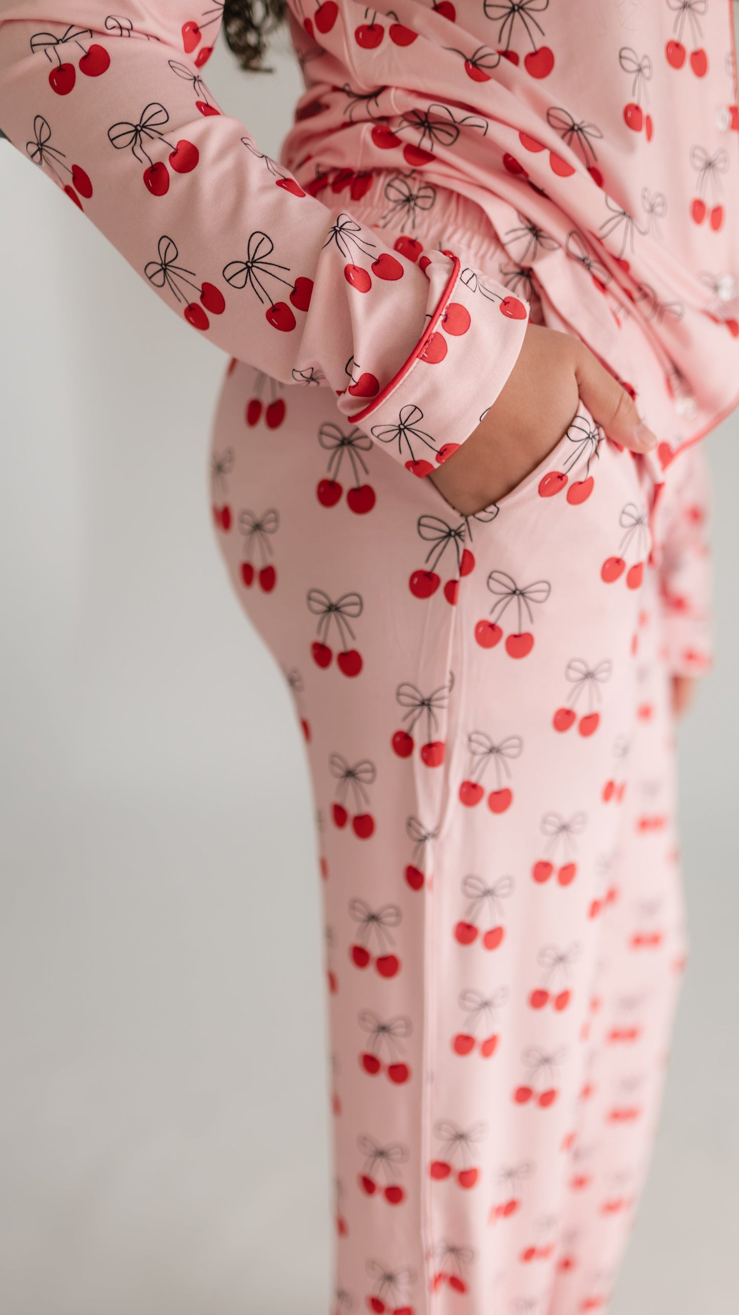 Girl's Button Up Set in Pink Cherry Bows