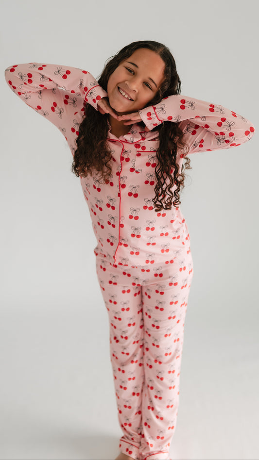 Girl's Button Up Set in Pink Cherry Bows