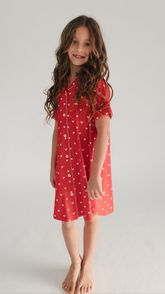 Girl's Button Down Ribbed Dress in Valentine Hearts