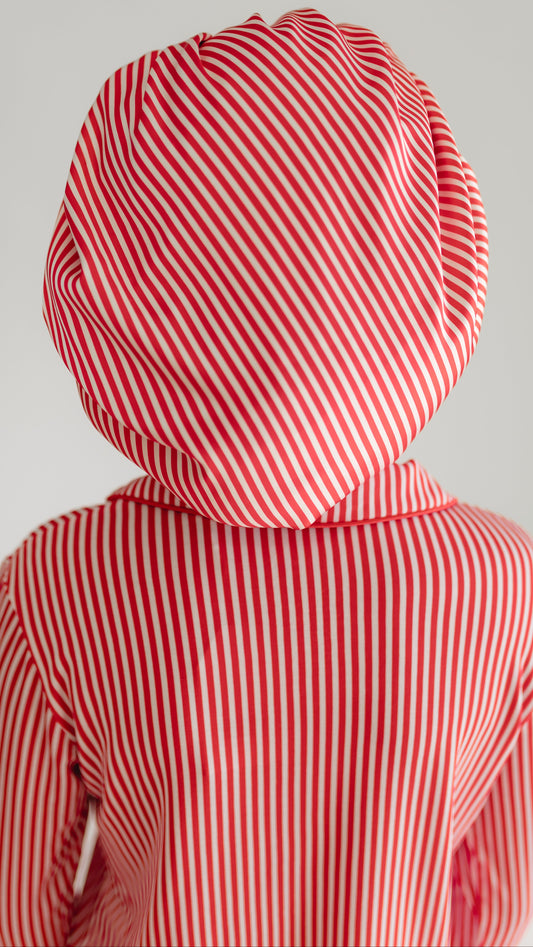 Kids Satin Bonnet in Red Pin Stripes