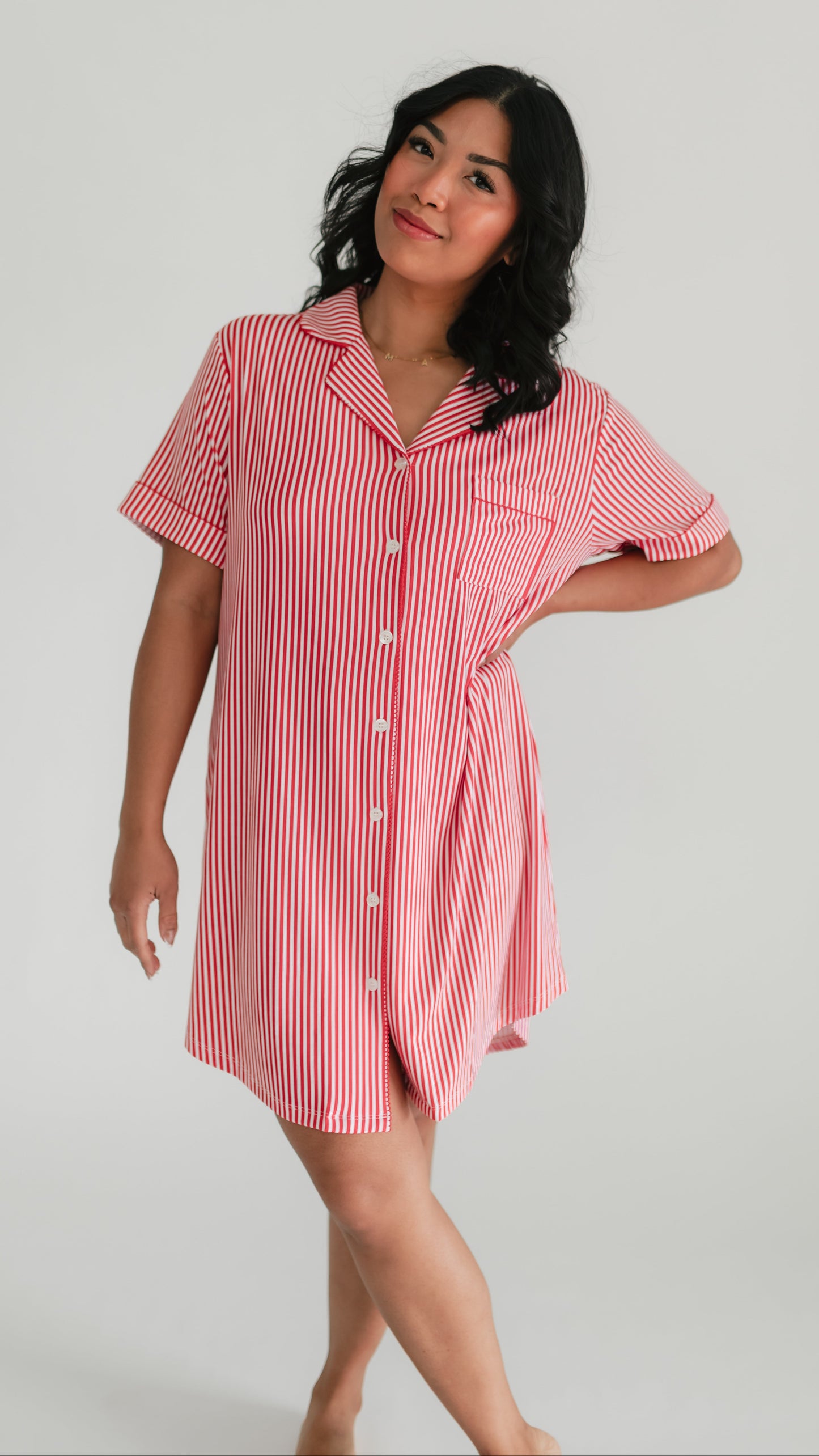 Women's Ribbed Button Down Dress In Red Pin Stripes