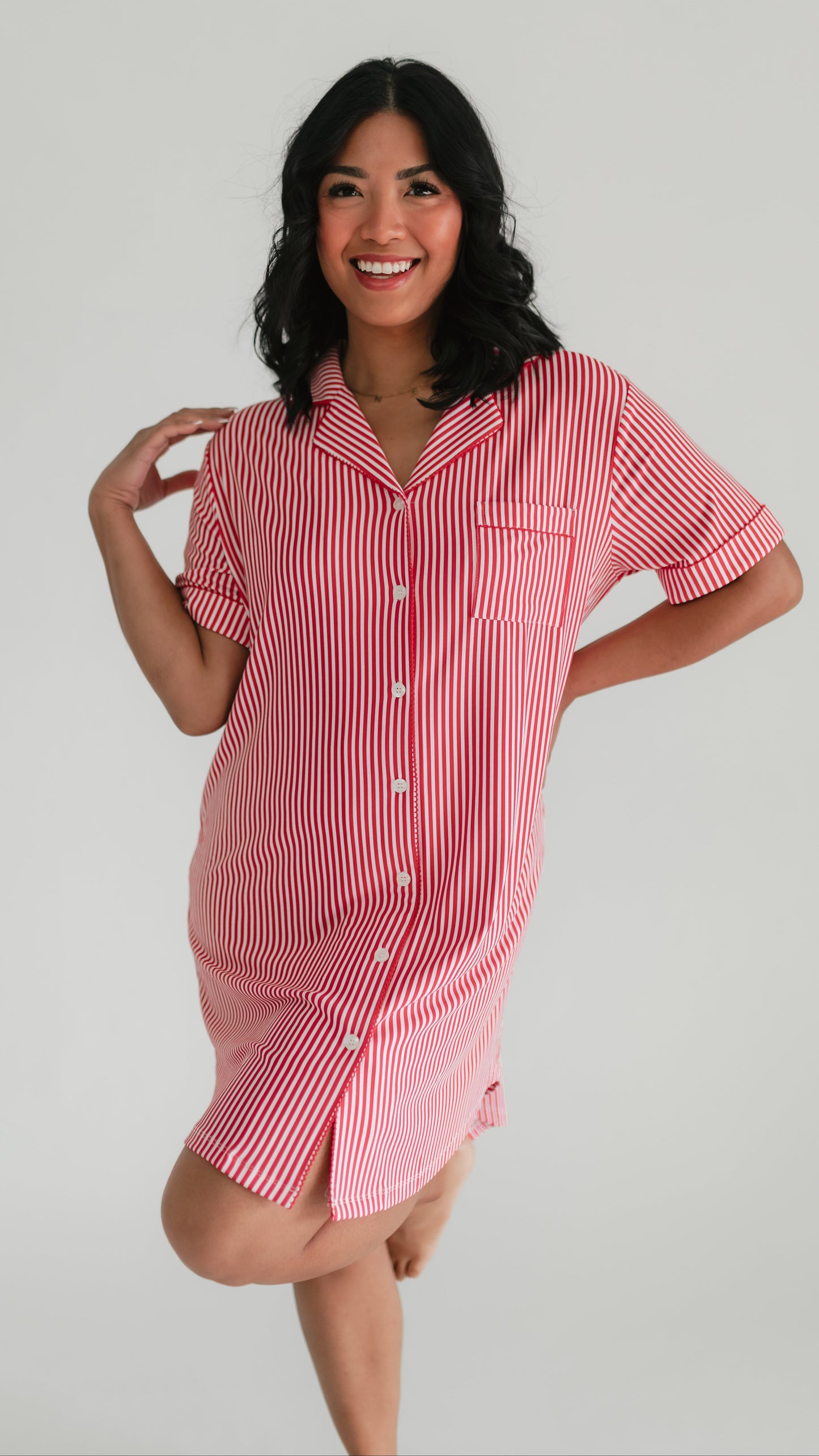 Women's Ribbed Button Down Dress In Red Pin Stripes