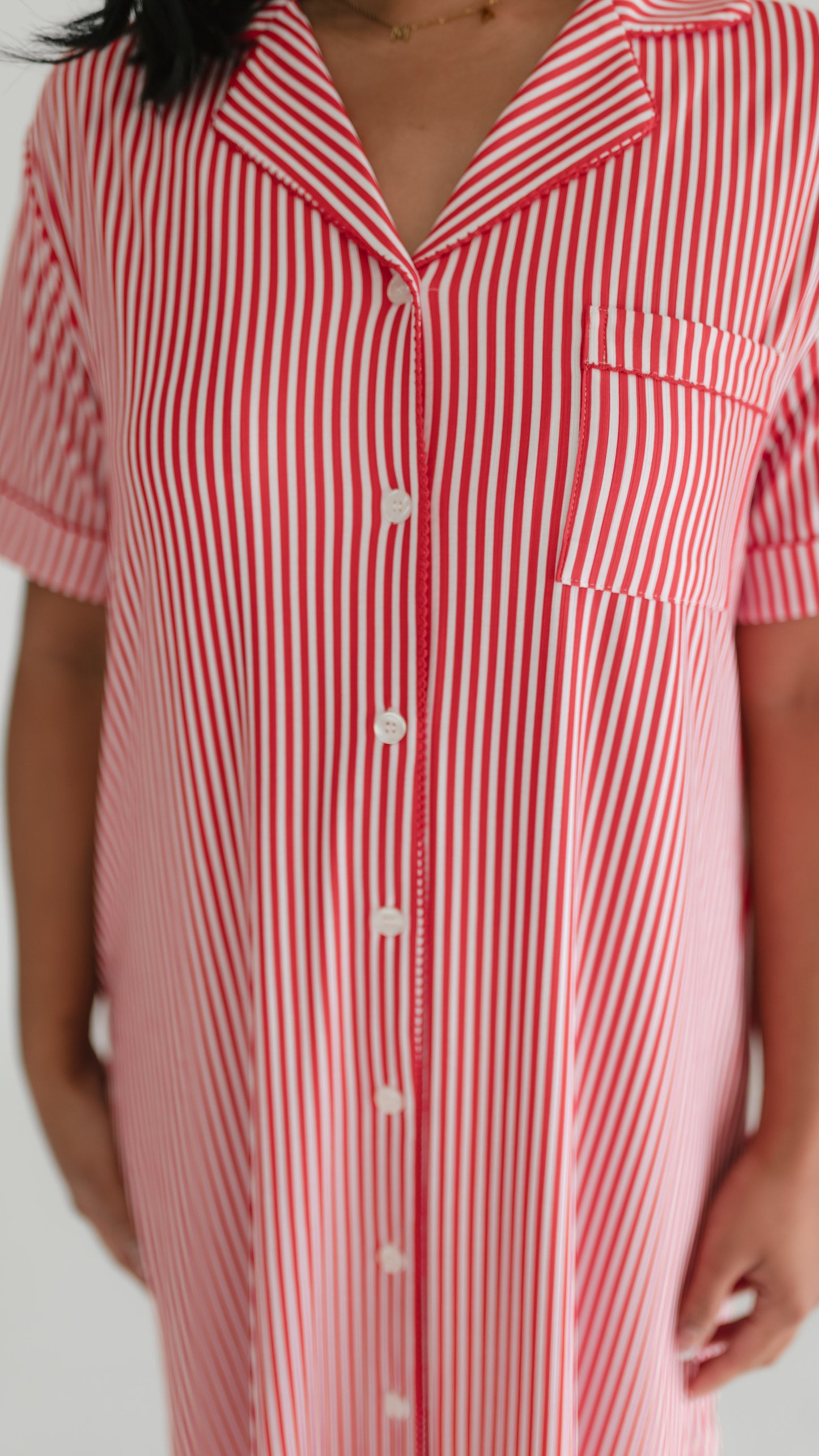 Women's Ribbed Button Down Dress In Red Pin Stripes