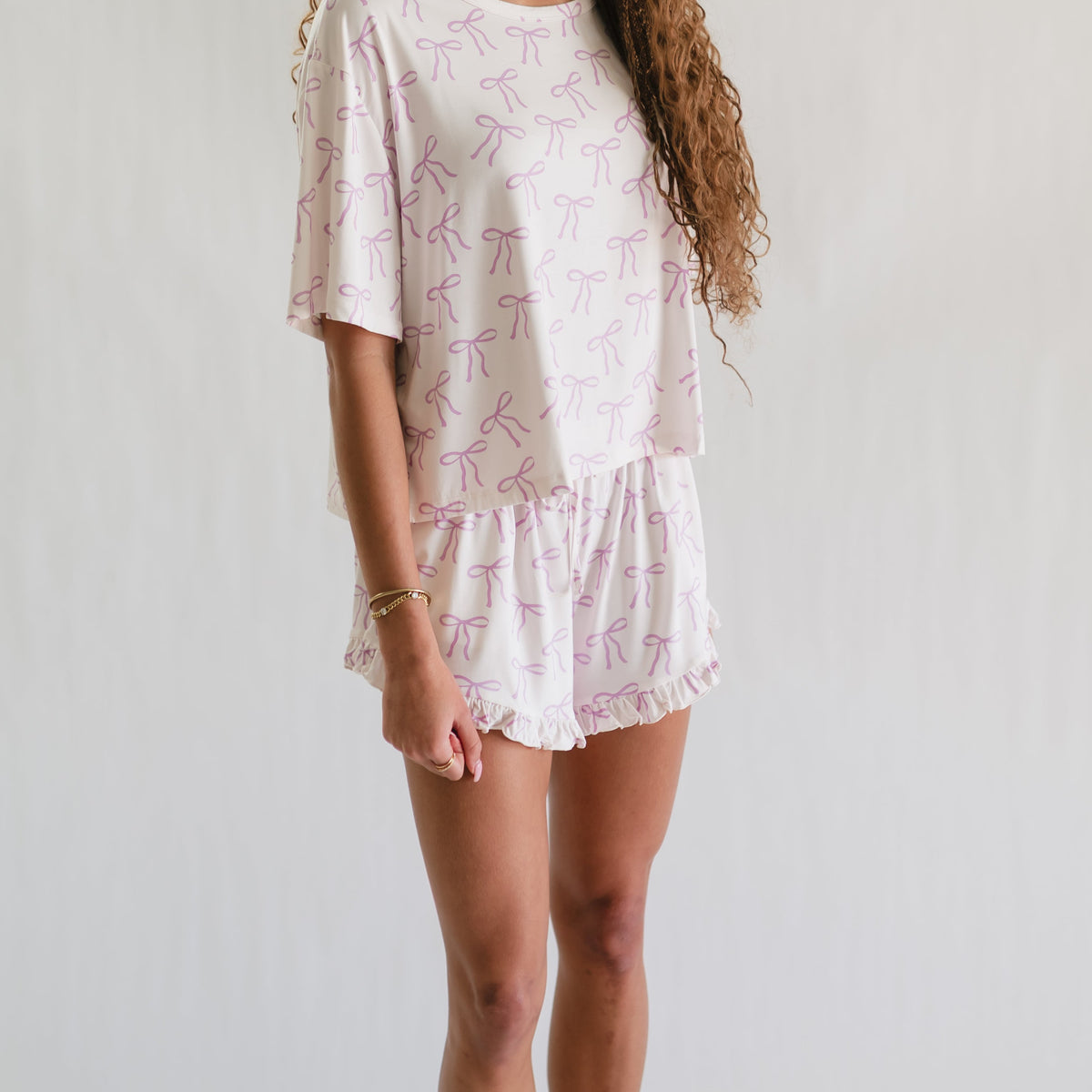 Women’s Ruffle Short Set in Purple Bows – Silks