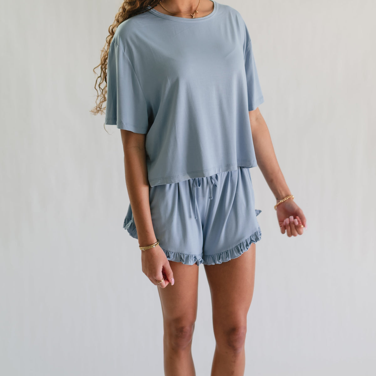 Women's Ruffle Short Set in Cornflower Blue – Silks