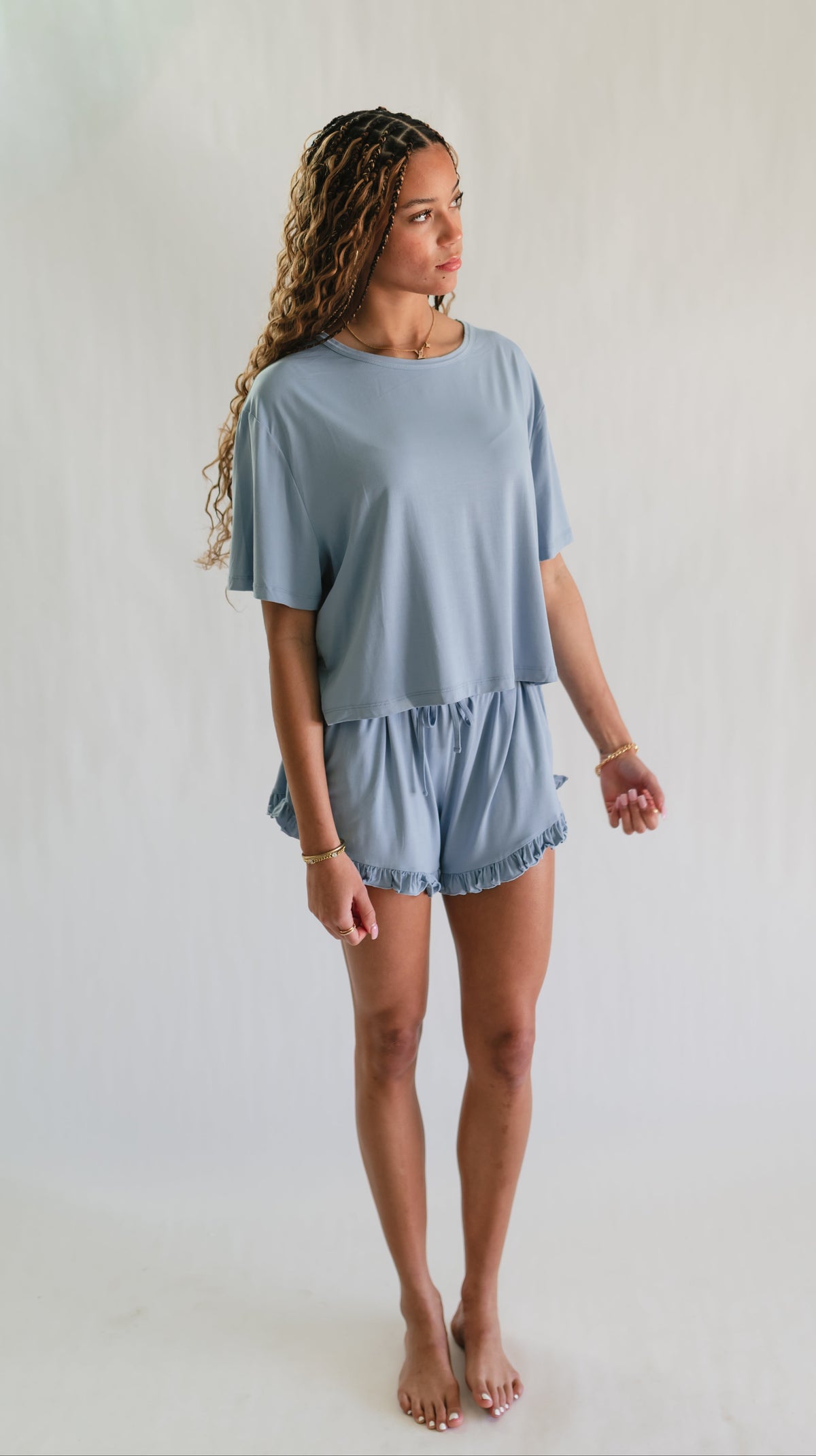 Women's Ruffle Short Set in Cornflower Blue – Silks