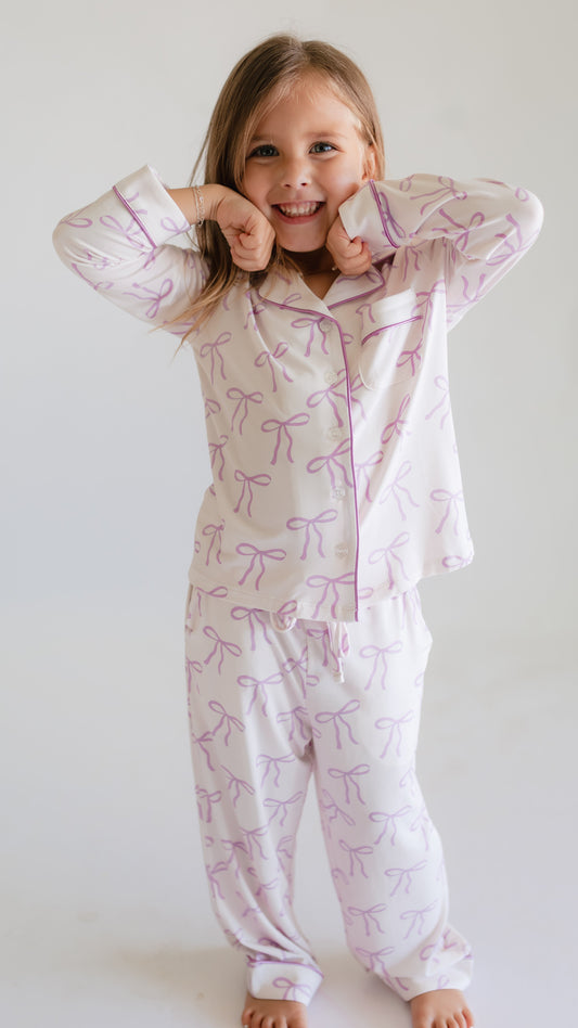 Girl's Button Up Set in Purple Bows