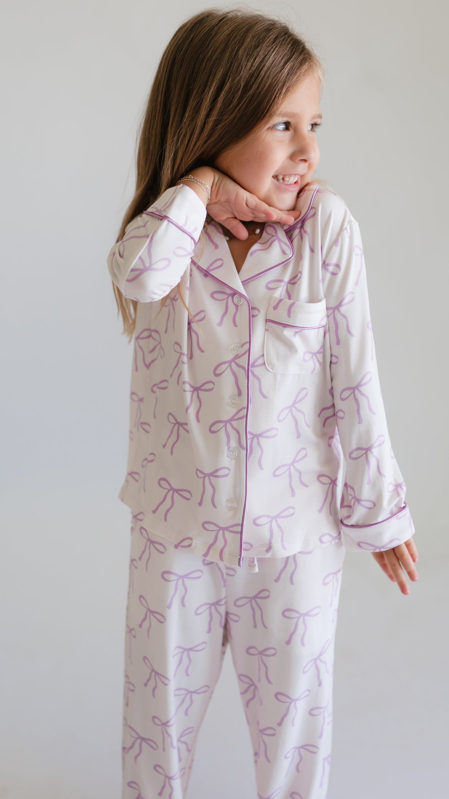 Girl's Button Up Set in Purple Bows