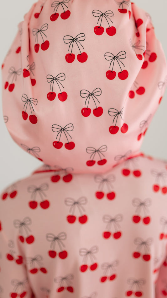 Adult Satin Bonnet in Pink Cherry Bows